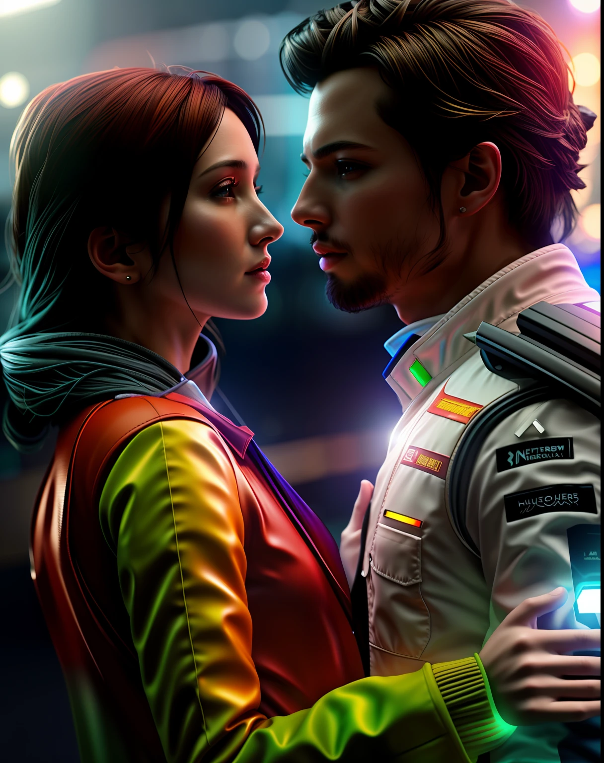 (masterpiece), a couple, romantic scene, the couple is in the Formula 1 paddock, realistic, hyperrealistic, high detail, high quality, best quality, 16k, lens flare, atmosphere, glow, detailed, intricate, full of colour hyperrealistic, focused, extreme details, professional lighting, radiosity, physically-based rendering, stunning realistic photograph, 3d render, octane render, intricately detailed, cinematic, trending on artstation, Isometric, Centered hipereallistic cover photo, awesome full color, high definition, cinematic, unreal engine 5, ultra sharp focus, intricate artwork masterpiece