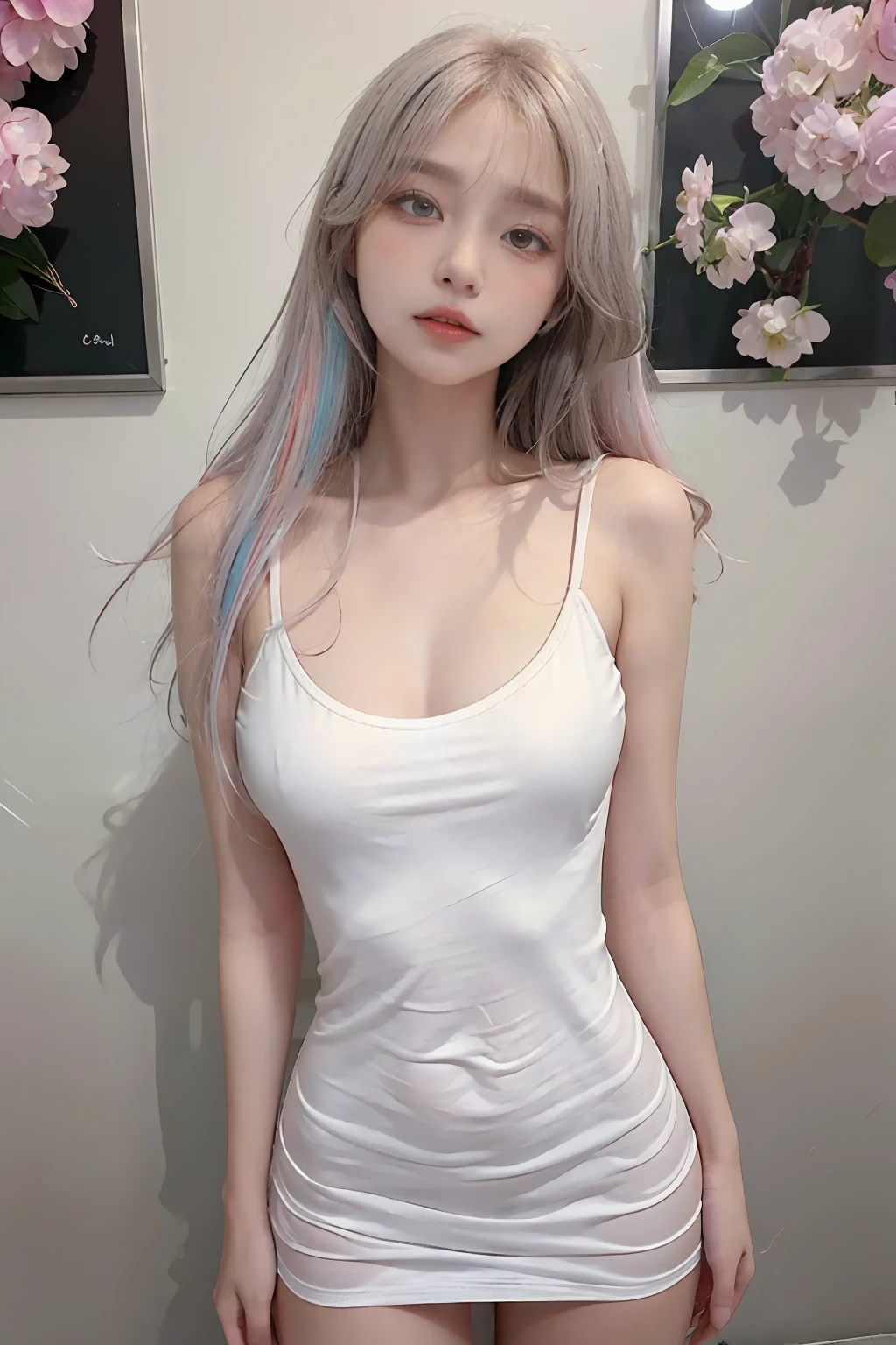 Top image quality、Raw photography、超A high resolution、21-year-old Korean、small tits、Dynamic angles、Cowboy Shots、The most beautiful forms chaos、elegent、Brutalist design、Vibrant colors、a short bob、shiny white skin、Beautiful eyes with random colors、very thin lips、Beautiful eyes in every detail、elongated eyes、pale pink blush、long eyeslashes、Beautiful double eyelids、eyeshadows、bright white hair、Mini dress、Flip the dress yourself、undergarment