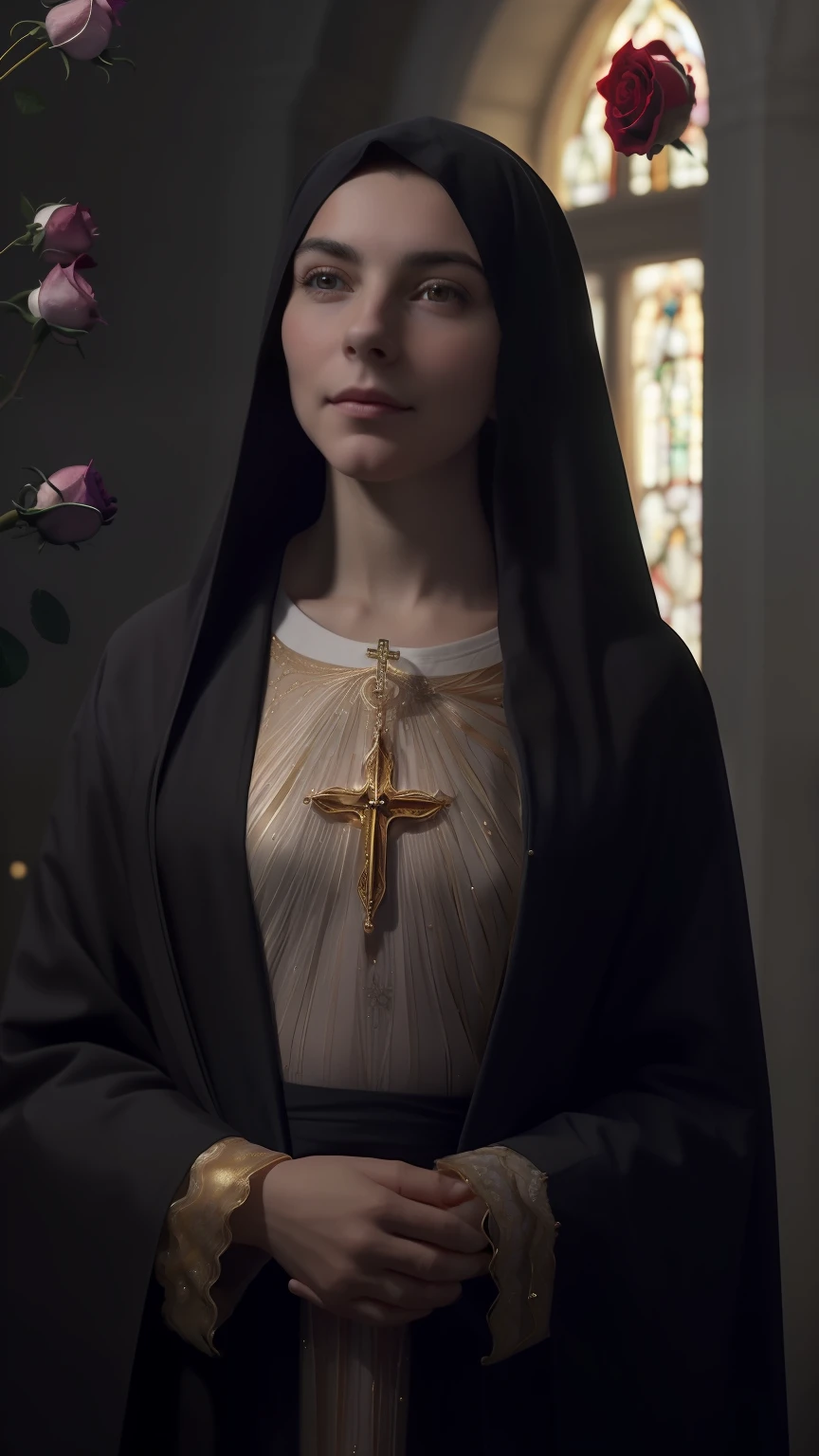 (((Holy VIRGIN MARY MYSTICAL ROSE. 19 years old))) ((( Con una cara seria y piadosa. Con una mirada dulce y tierna))) (obra maestra, calidad superior, mejor calidad, arte oficial, beautiful and aesthetic: 1.2), (1girl), extremadamente detallado, (Arte fractal: 1.3), colorido, highest detailed, Cara perfecta, parte superior del cuerpo, HDR, (orando: 1.3), (golden lines of white coat: 1.2), galaxia, (rayas de luz), eye-catching visuals, (dynamic stripes, senderos luminosos: 1.2), colores vibrantes,
