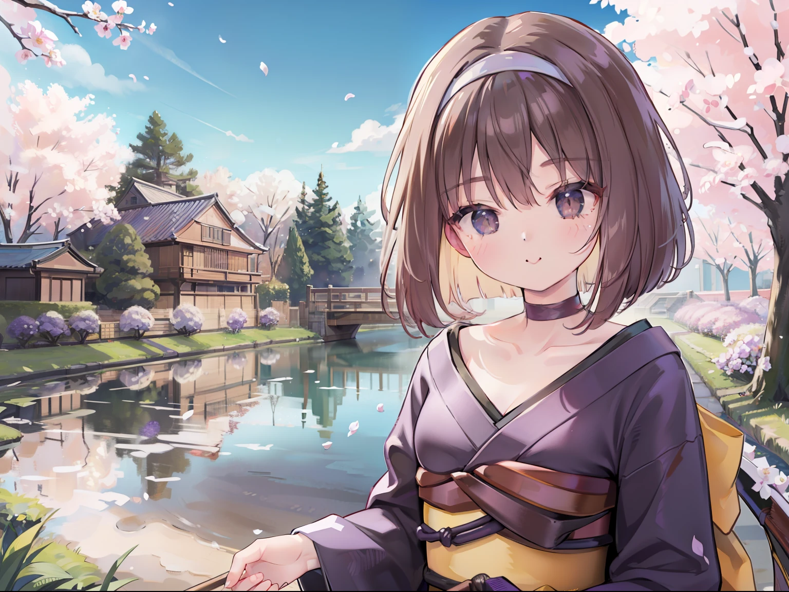 extremely detailed CG unified 8k wallpaper, very fine 8KCG wallpaper, absurderes，Lori ，Best Quality ，ultra-detailliert ，Beautiful face  ，​masterpiece、top-quality ，Best Quality ，ultra-detailliert ，Beautiful face、​masterpiece、top-quality、Imperial Flower Attack Team、head band、sumire kanzaki、cups、Violet flowers、Cherry blossoms are blooming、Taisho cityscape