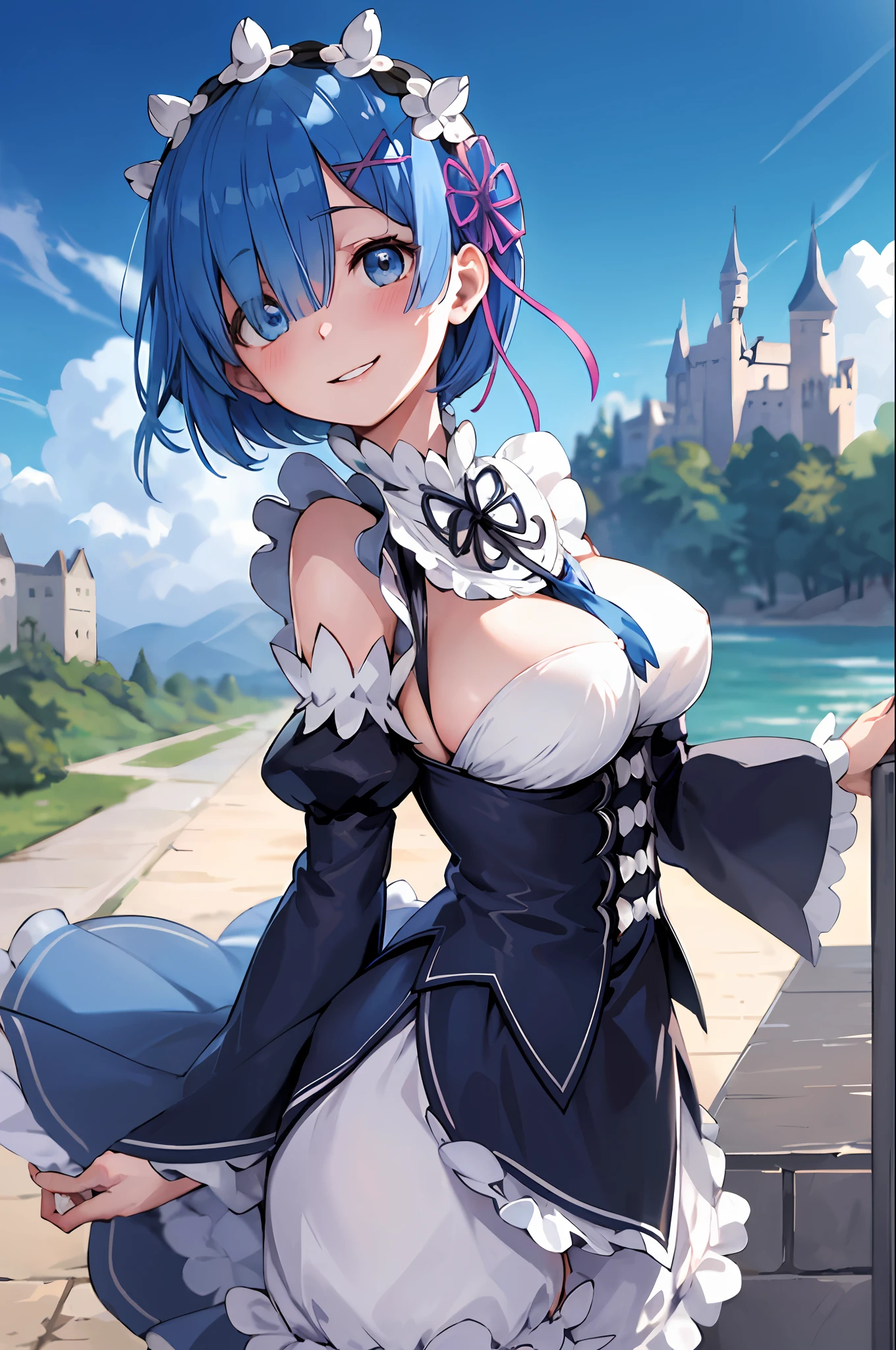 blue hair, rem \(re:zero\), [smile], blush, castle,, masterpiece, best quality, perfect lighting, 1girl, skirt, medium breasts,