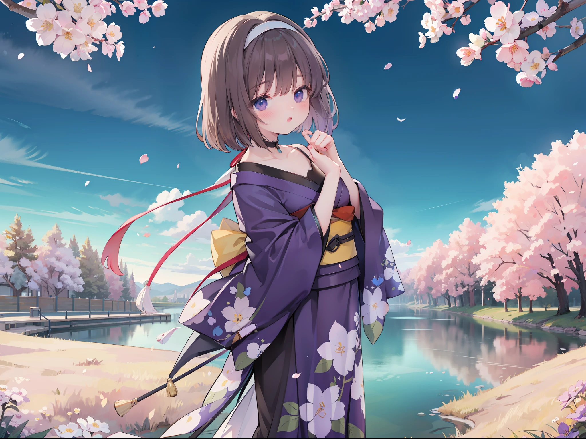 extremely detailed CG unified 8k wallpaper, very fine 8KCG wallpaper, absurderes，Lori ，Best Quality ，ultra-detailliert ，Beautiful face  ，​masterpiece、top-quality ，Best Quality ，ultra-detailliert ，Beautiful face、​masterpiece、top-quality、Imperial Flower Attack Team、head band、sumire kanzaki、cups、Violet flowers、Cherry blossoms are blooming、Taisho cityscape
