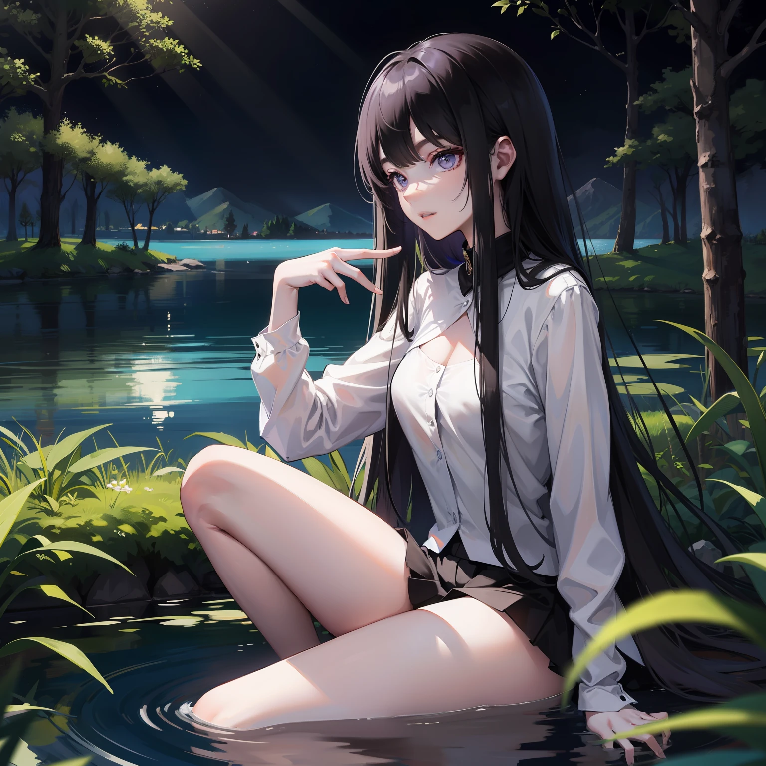 black hair, beautiful girl, slender girl, sitting next to a circular lake, moon reflecting on the lake, night time, lake middle of the forest, isolated, Surrealism, panorama, ray tracing, bloom, reflection light, god rays, depth of field, wide shot, 8k, super detail, award winning, HD, fantasy purple lighting, side view, side camera, looking at camera