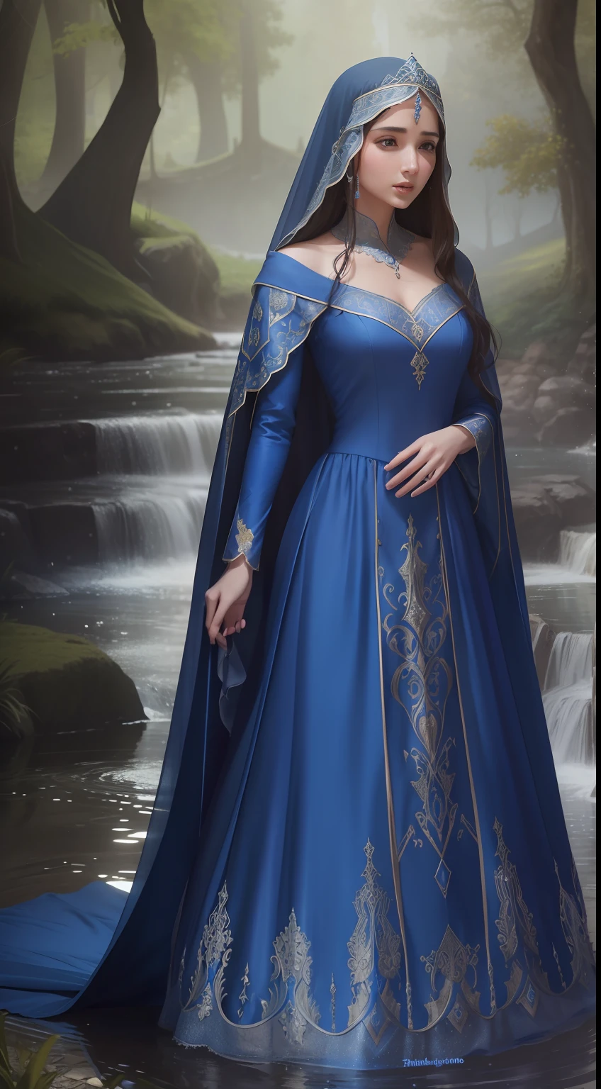 Arafed woman in a blue dress and veil standing on a stream, modest flowing dress, like a medieval costume character, dress in voile, medieval princess, costume style clothing, flowing dress, mahira khan as a wizard D&D, royal dress, long flowing intricate dress, elven princess, beautiful elven princess, flowing robes, magic robe flowing realistic.