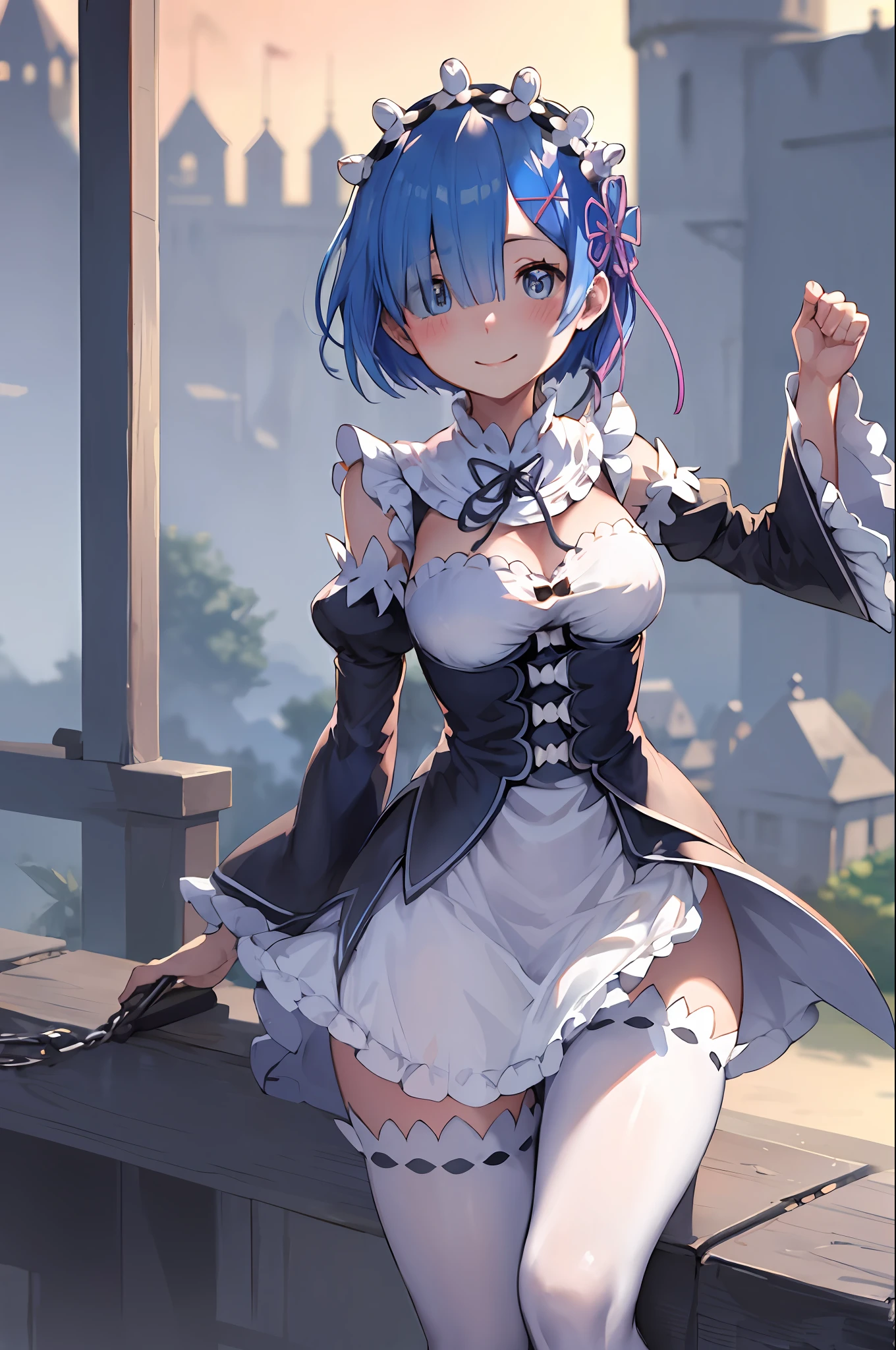 blue hair, rem \(re:zero\), [smile], blush, castle,, masterpiece, best quality, perfect lighting, 1girl, skirt, medium breasts,