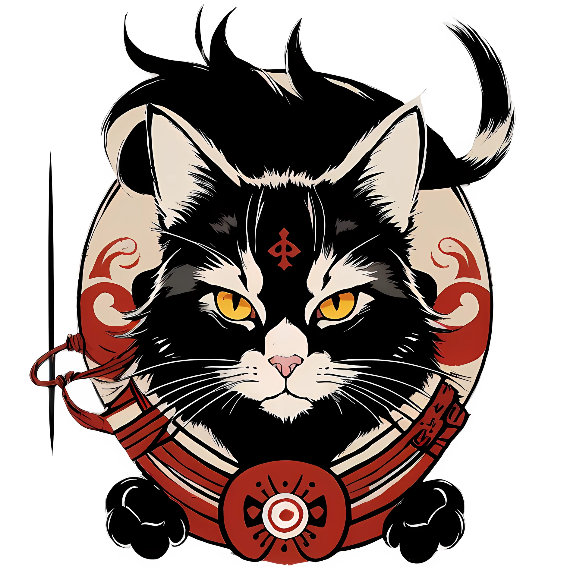 there is a black and white cat with a sword and a red circle, samurai cat, anthropomorphic cat ninja, cat warrior, cat the assassin, the dark god of cats, tabaxi :: rogue, anime cat, neko, inspired by Kanō Hōgai, kitava, style of hydro74