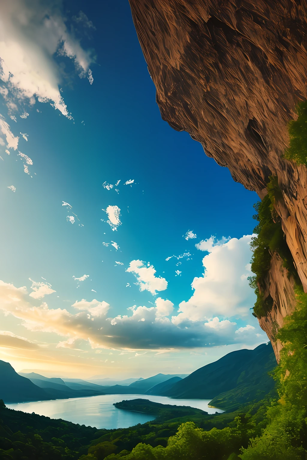 Masterpiece, ultimate quality, Cg unity 8k wallpaper, super delicate, beautiful sky and clouds, rich natural scenery, cliffs, lakes and rivers, waterfalls and flying water, beautiful green mountains, no trace of people, excellent scenery, has already won a photo contest, background Blurring, full depth of field, HDR high dynamics, true restoration, intricate, extreme details, dramatic presentation, perfectly presenting the style of midjourney art.