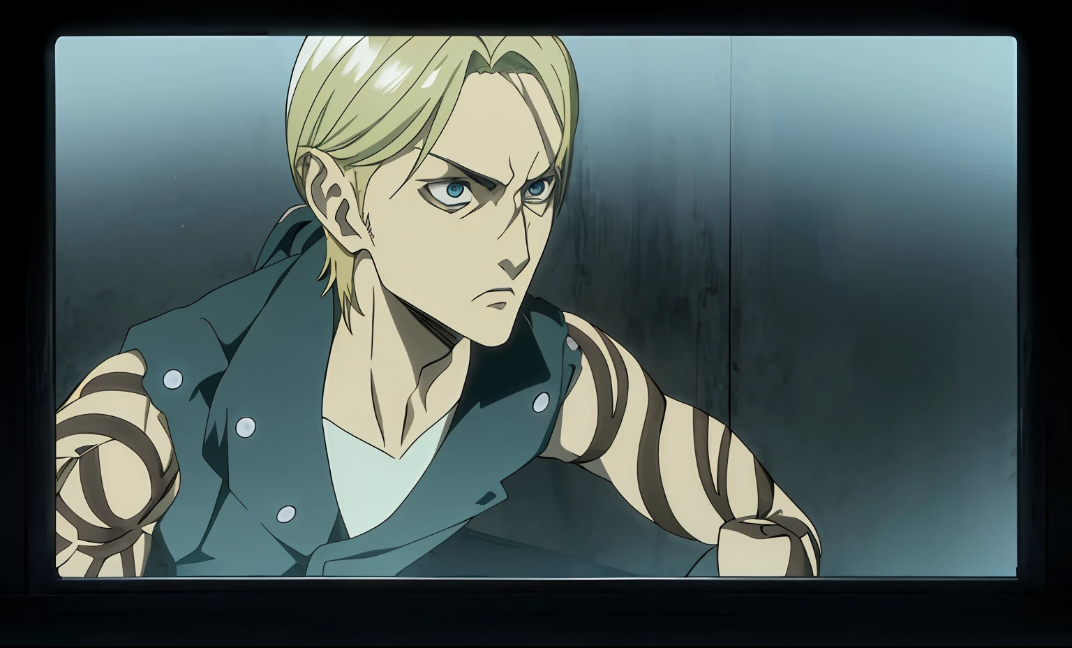 Anime character with blond hair and blue eyes looking at camera, johan liebert mixed with alucard, in the anime series ergo proxy, in the anime film ergo proxy, johan liebert, johan liebert mixed with dante, killy from blame!, cutscene footage, cutscene, anime screen cap, screenshot from guro anime