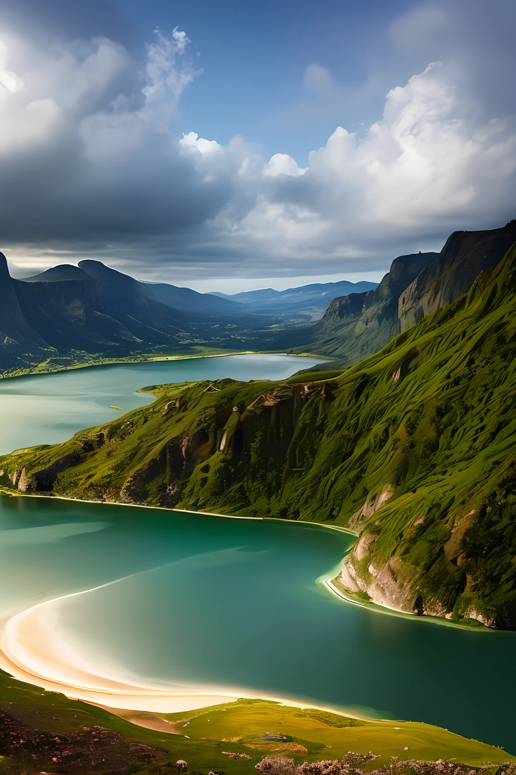 Masterpiece, ultimate quality, Cg unity 8k wallpaper, super delicate, beautiful sky and clouds, rich natural scenery, cliffs, lakes and rivers, waterfalls and flying water, beautiful green mountains, no trace of people, excellent scenery, has already won a photo contest, background Blurring, full depth of field, HDR high dynamics, true restoration, intricate, extreme details, dramatic presentation, perfectly presenting the style of midjourney art.