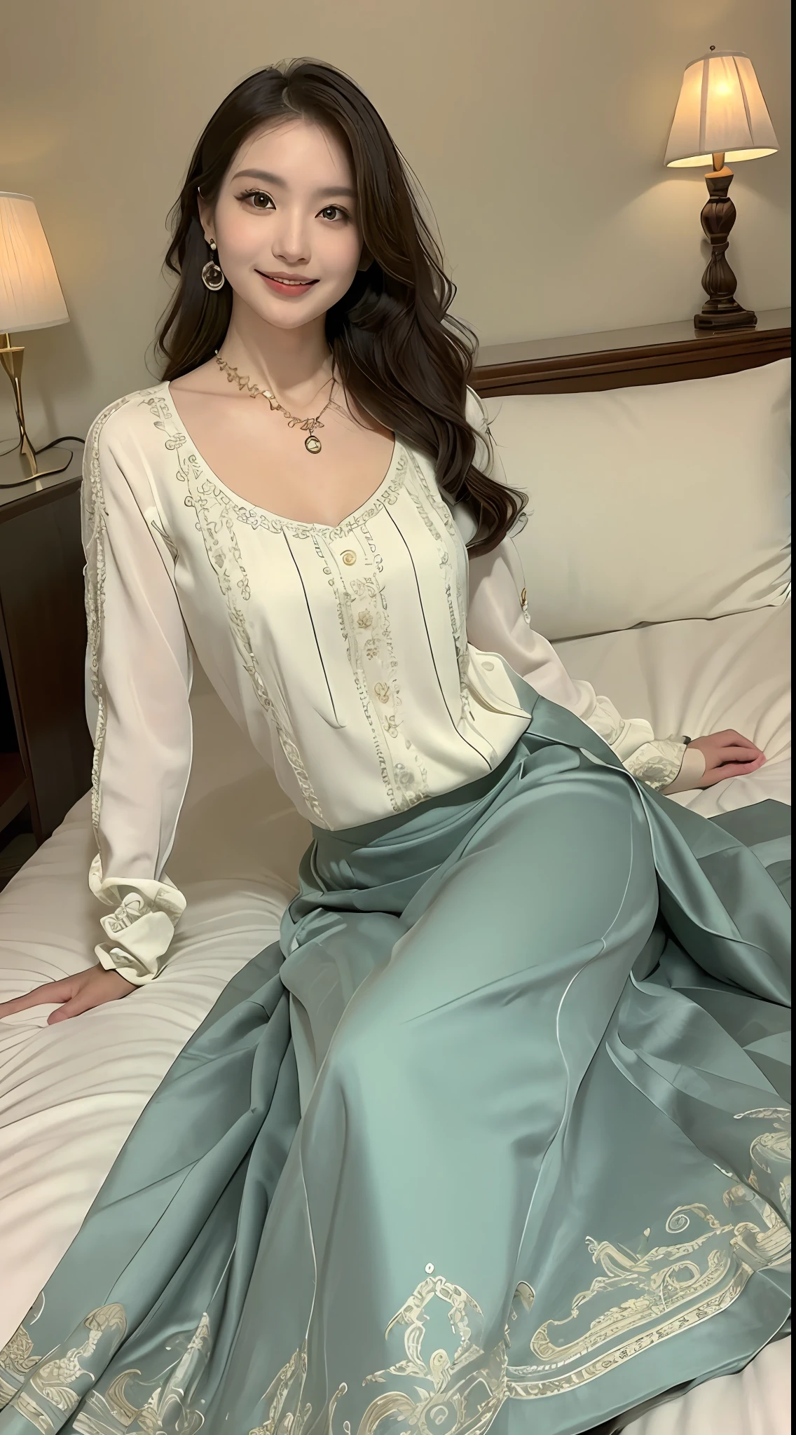 ((top-quality、8K、​masterpiece:1.3))、((1womanl))、((独奏))、((japanese mature))、((slim figure))、((Luxurious and detailed hotel rooms))、((Luxurious and detailed beds))、((Lying in bed))、((beautifully detailed hair))、((Beautiful and ultra-detailed face))、((kindly smile))、((Detailed blouse))、((Detailed necklace))、((Detailed long skirt))、((Flip up the hem of your long skirt to show your thighs))、((Beautiful and detailed thighs))、((Beautiful and detailed legs))