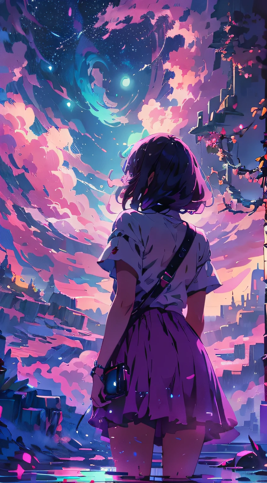 "A mesmerizing scene the night sky, a girl looking at it, from behind, (girl focus0.6), bathed in the purple,pinkish hues of moonlight and cloud, emanating a vibrant and awe-inspiring spectrum. Masterpiece."