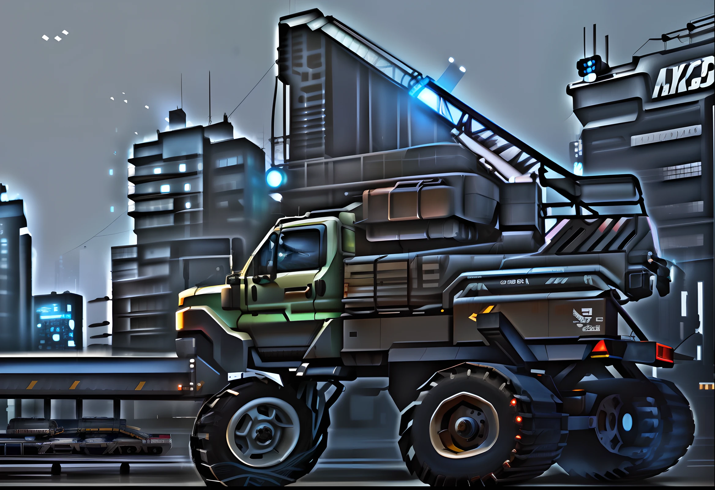 Truck drawing with crane on top, accurately drawn details, vehicle illustration, conceptual drawing,cyber punk style