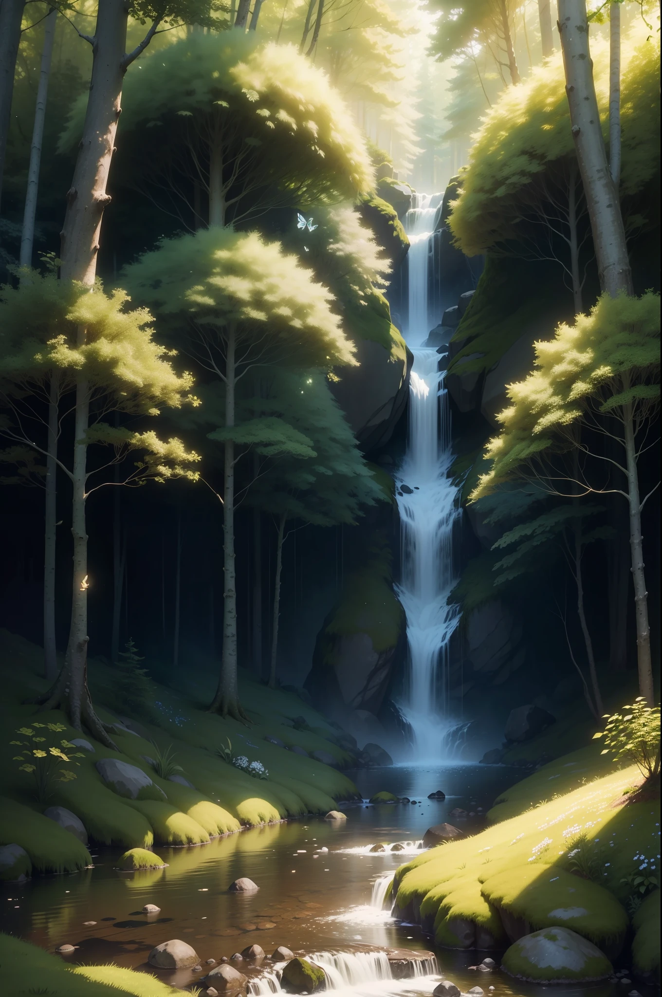 A breathtaking forest scene with tall trees reaching for the sky, sunlight filtering through the leaves, casting a golden glow on the forest floor. Small streams trickle through the moss-covered rocks, creating a serene ambiance. Delicate branches adorned with vibrant flowers and leaves add a touch of color to the scene. Fireflies dance in the air, their gentle glow illuminating the surroundings. The air is filled with a soft melody as butterflies flutter among the blossoms. Capture this enchanting moment in an intricate, high-quality illustration, with attention to the finest details and realistic shadows. Isometric 3D rendering using Octane Render and Ray Tracing will bring this magical forest to life