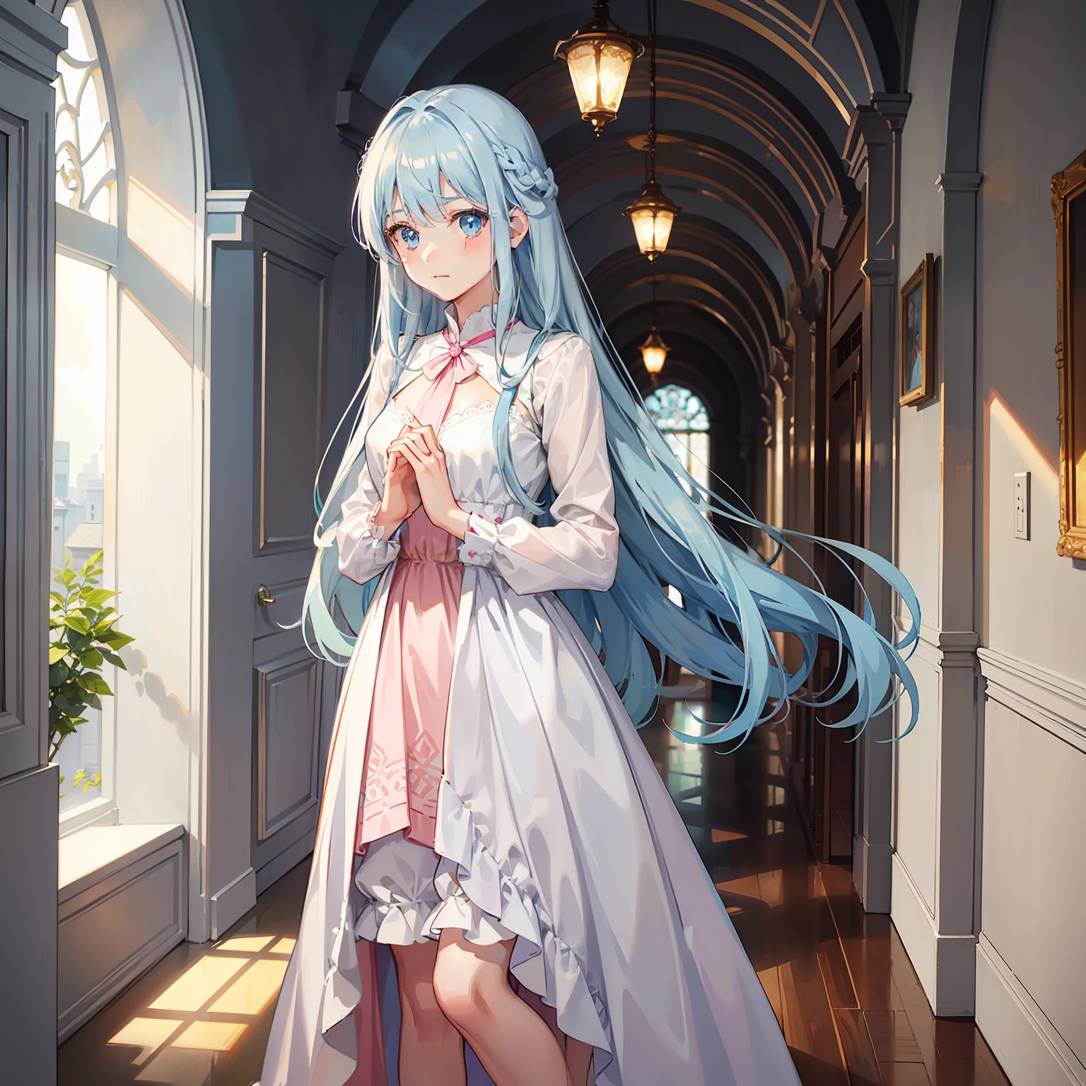 A long light blue hair,Sky blue eyes,Girl in pink and white dress,With a faint smile on his face,Place your hands elegantly in front of you,Elegant look,In the hallways of the school