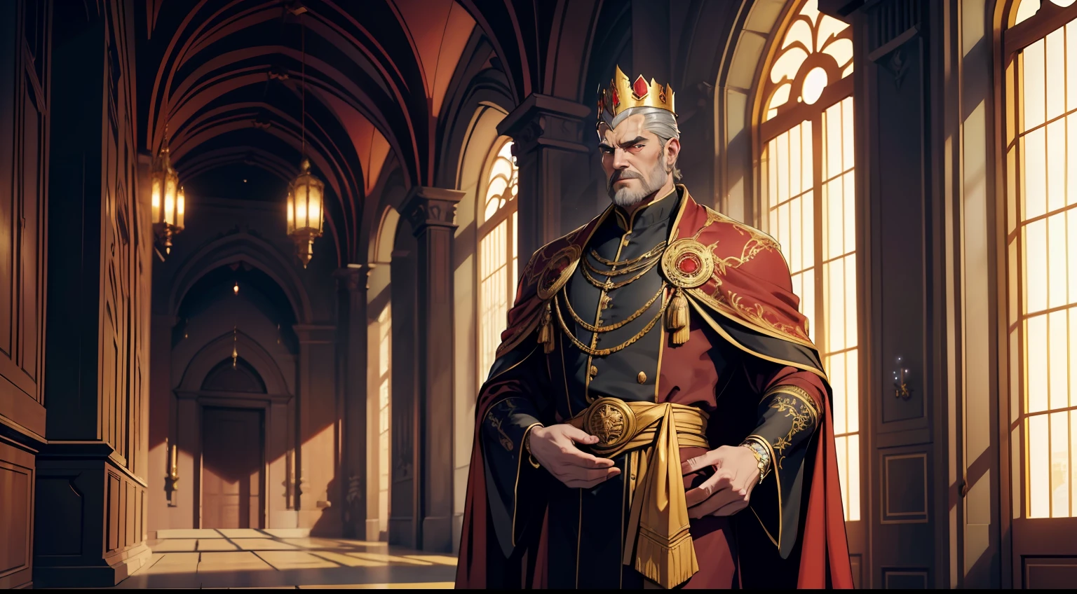Baron Cedric:
Height: Tall and burly, about 1.95 meters. Appearance: Short gray hair, gray eyes and a striking scar on the face. Dress: Wears a red robe embroidered with golden threads and a gold crown. Personality: Expresses authority and confidence, with a challenging gaze. The setting takes place in the great hall of Baron Cedric's castle. The hall is spacious, with tall stone columns and vaulted ceiling. Tall windows let in natural light, highlighting the grandeur of the space. Walls adorned with colorful tapestries tell stories of the baron's past battles and victories. In the center of the hall, a solid wood table is covered with food feasts and wine glasses. Baron Cedric is dressed in a majestic and imposing costume, suited to his status. He wears a dark red robe, made of luxurious fabric and embroidered with golden threads that form intricate patterns. The mantle has a turtleneck, adorned with noble animal skins. Underneath the robe, he wears a white silk tunic, richly decorated with gold accents.