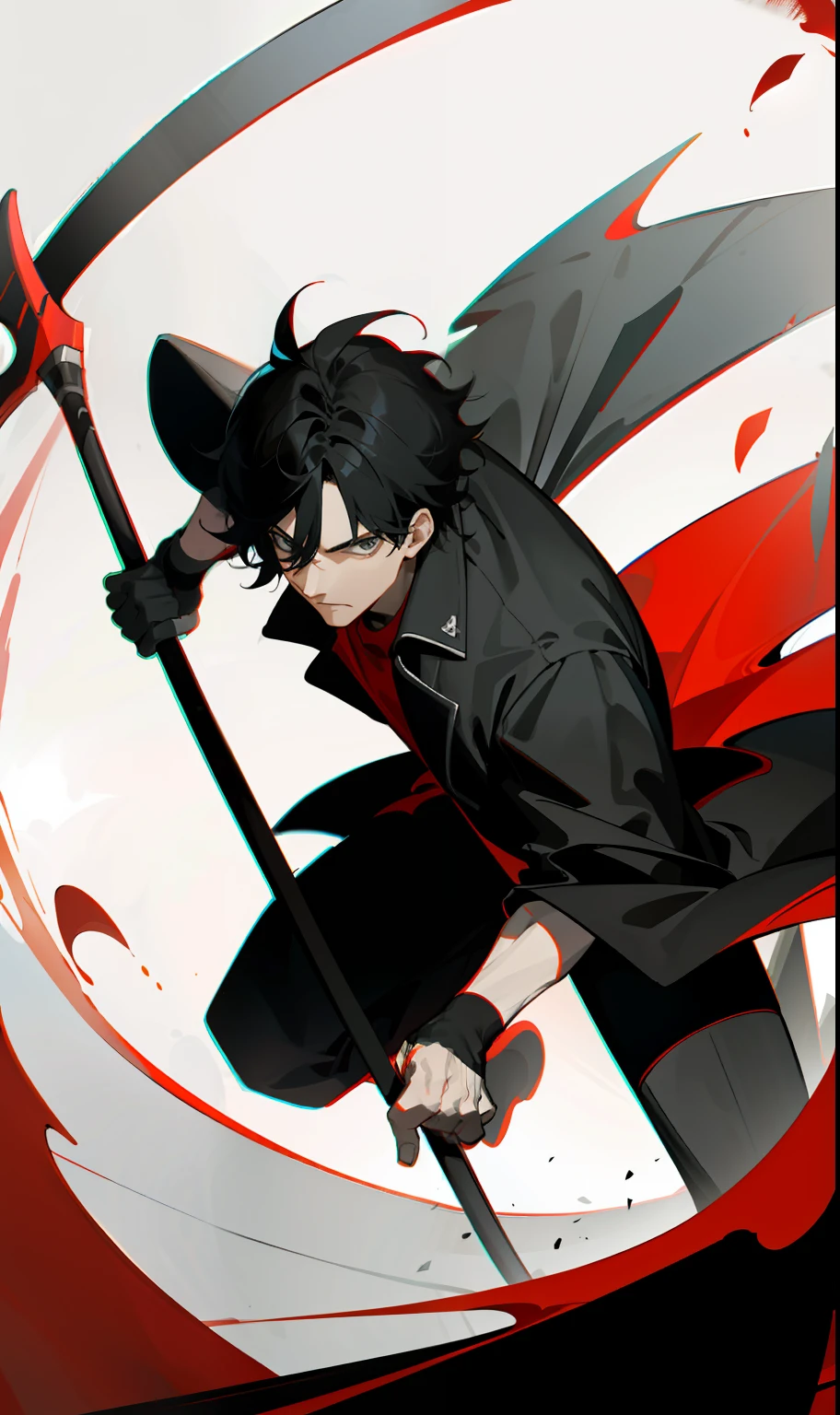 1man,,holding scythe,masterpiece, best quality,scythe, red_fog,dynamic angle,, masterpiece, best quality,.