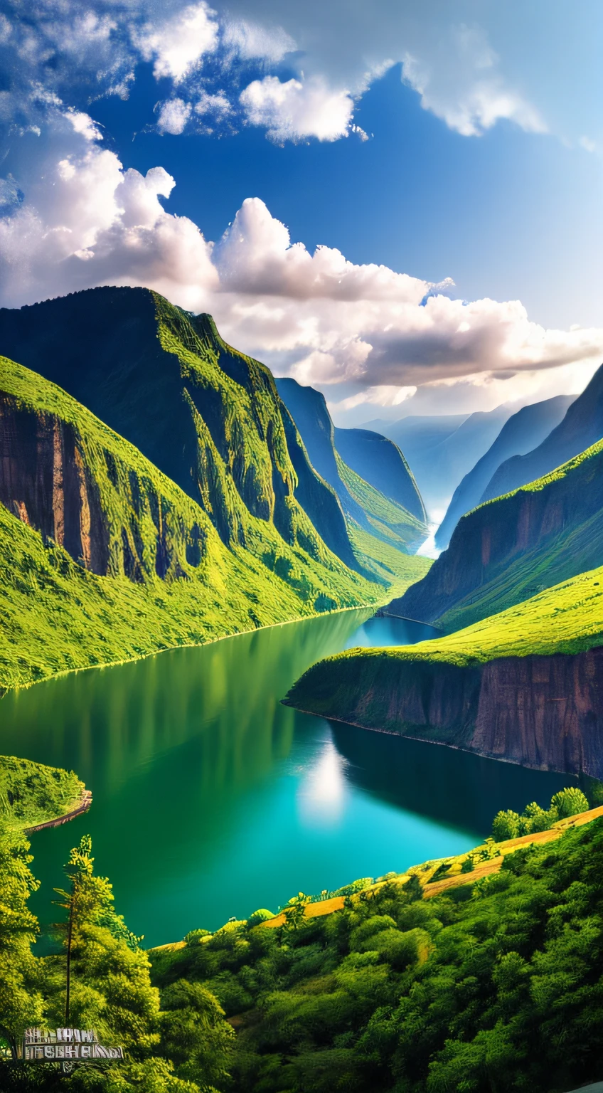 Masterpiece, ultimate quality, Cg unity 8k wallpaper, super delicate, beautiful sky and clouds, rich natural scenery, cliffs, lakes and rivers, waterfalls and flying water, beautiful green mountains, no trace of people, excellent scenery, has already won a photo contest, background Blurring, full depth of field, HDR high dynamics, true restoration, intricate, extreme details, dramatic presentation, perfectly presenting the style of midjourney art.