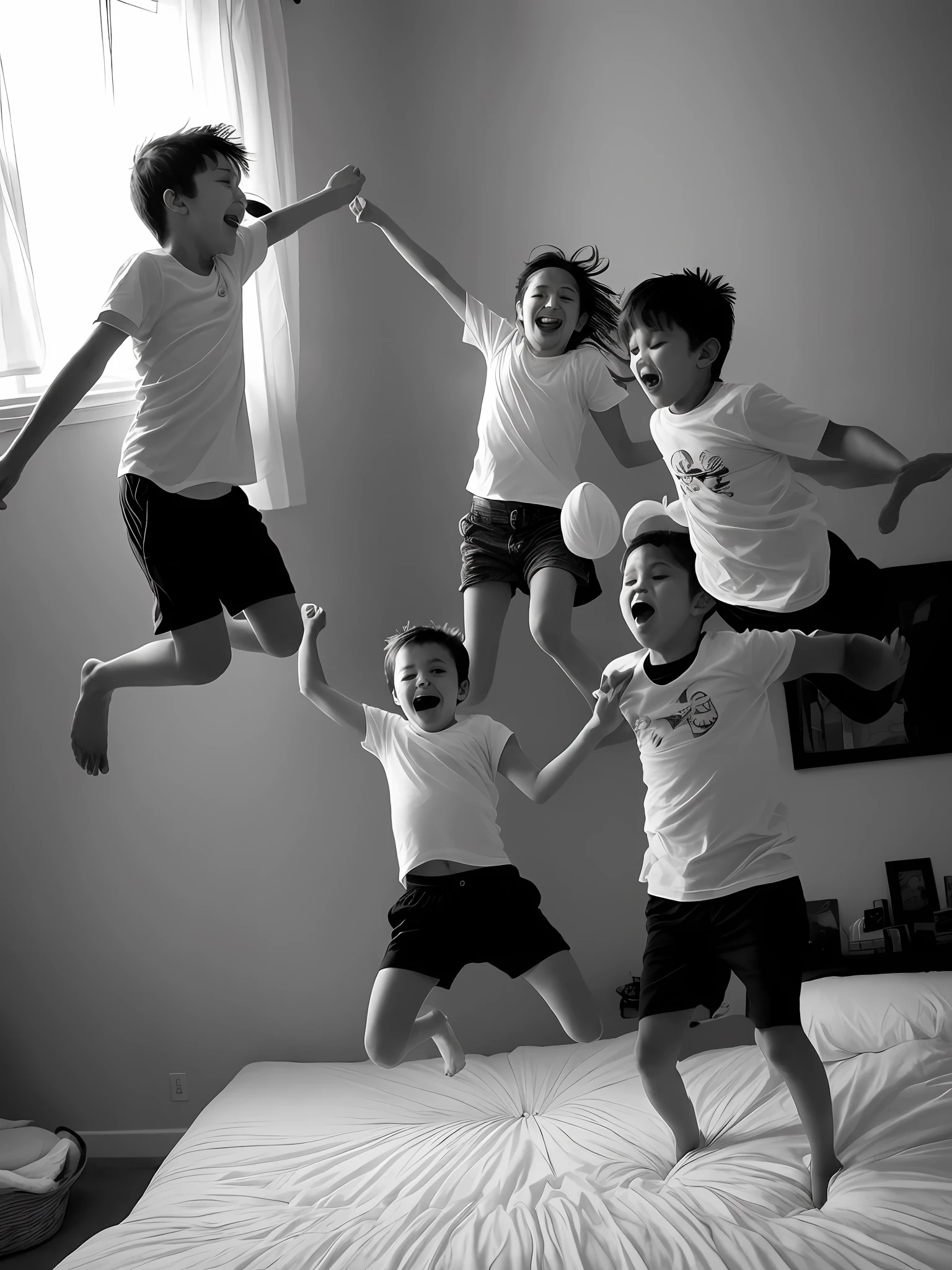 A photograph of siblings engaged in a pillow fight while hopping on a bed, taken with an action camera and a tripod, using mixed indoor lighting, and a spirited sibling fun photography approach