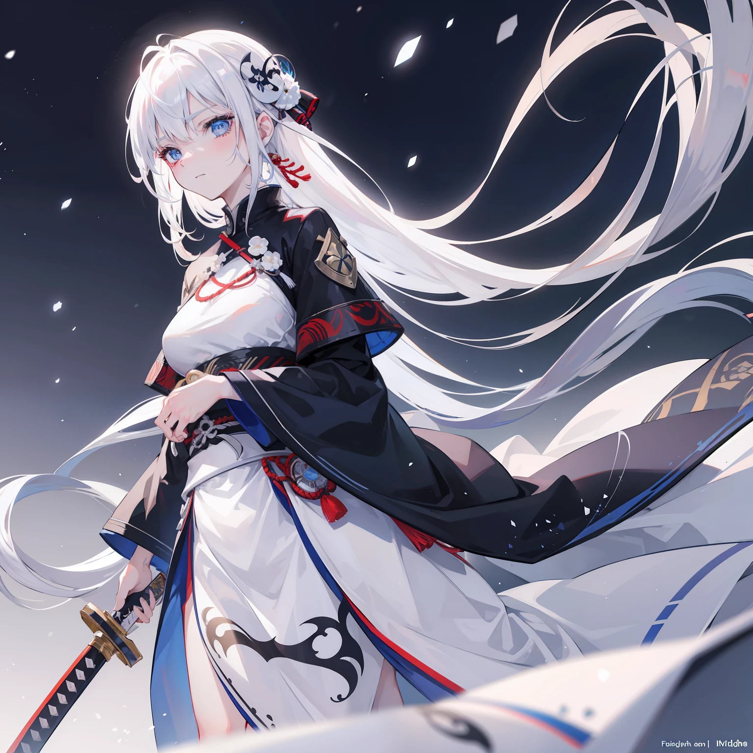 white hair, battle worn, shining blue eyes, samurai, pretty girl, delicate face, beautiful girl, slender body, hot girl, holding katana with both hands, full body white samurai uniform, under the moonlight, snow, pale skin, long beautiful streaked hair, floating hair, smile, soft face, kind eyes,, eyebrows behind hair, ringed eyes, soft smile, face paint, scars on face, Surrealism, ray tracing, reflection light, motion lines, blurry background, night time, Canon, Fujifilm, 8k, super detail, best quality, UHD, portrait