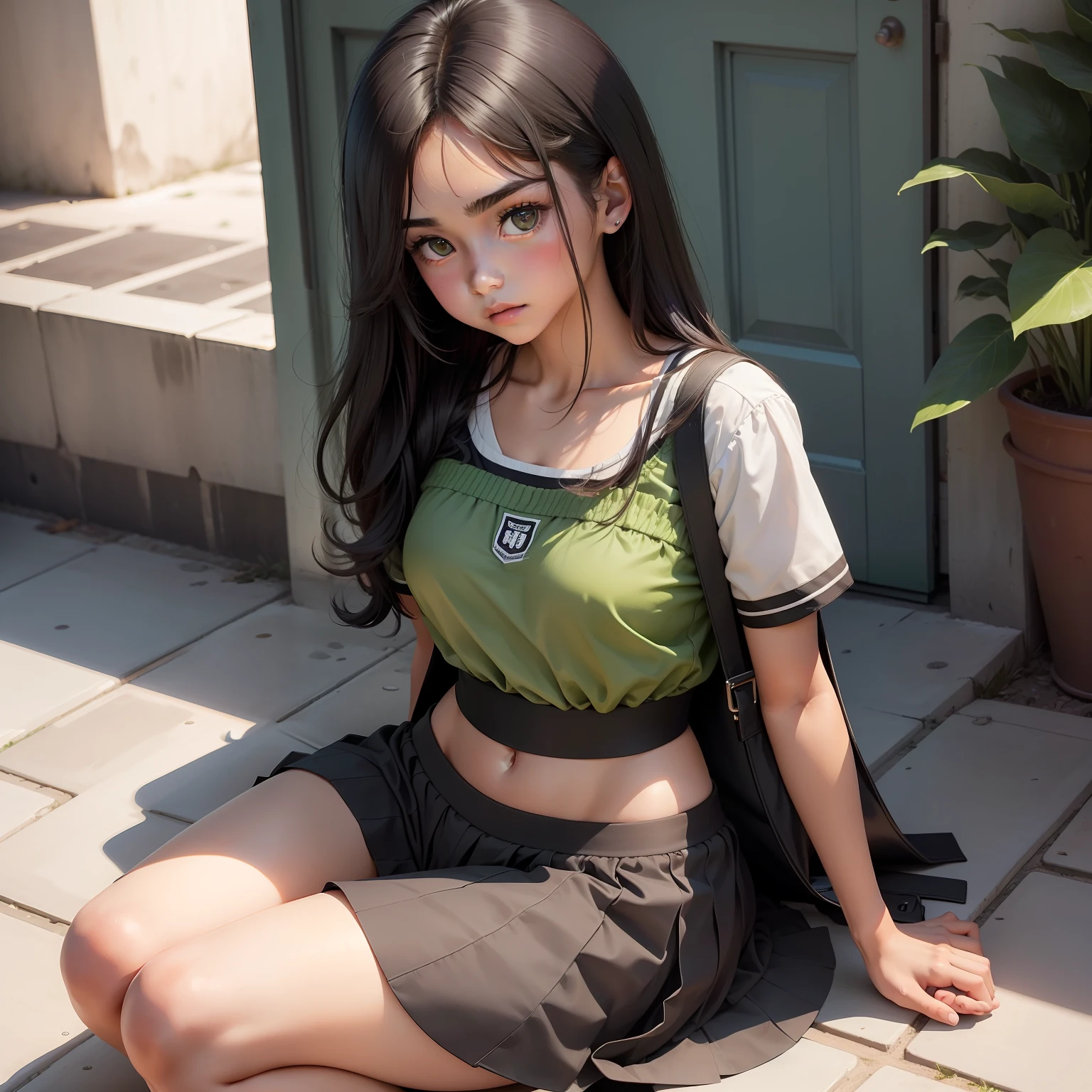 Junior high school girl,cabelos preto e longos,Slightly raised chest,Green,The face is pure,seminude,Cover half of your chest with your hands,Full body photo,white short socks