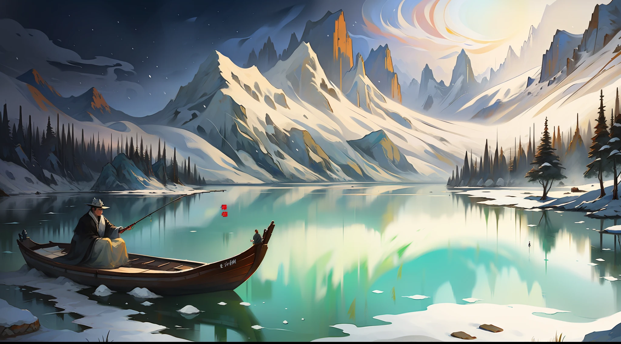 1 Chinese elder,Sitting on the boat,(Fishing with a fishing rod:1.1),Sit by the water,Snow all around,The wide lake is calm,In the distance, only hazy outlines were visible to the mountains,Best quality at best,Works of masters,Top art paintings,Full of artistic conception