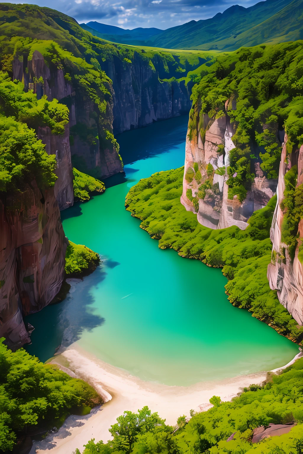 Masterpiece, ultimate quality, Cg unity 8k wallpaper, super delicate, beautiful sky and clouds, rich natural scenery, cliffs, lakes and rivers, waterfalls and flying water, beautiful green mountains, no trace of people, excellent scenery, has already won a photo contest, background Blurring, full depth of field, HDR high dynamics, true restoration, intricate, extreme details, dramatic presentation, perfectly presenting the style of midjourney art.