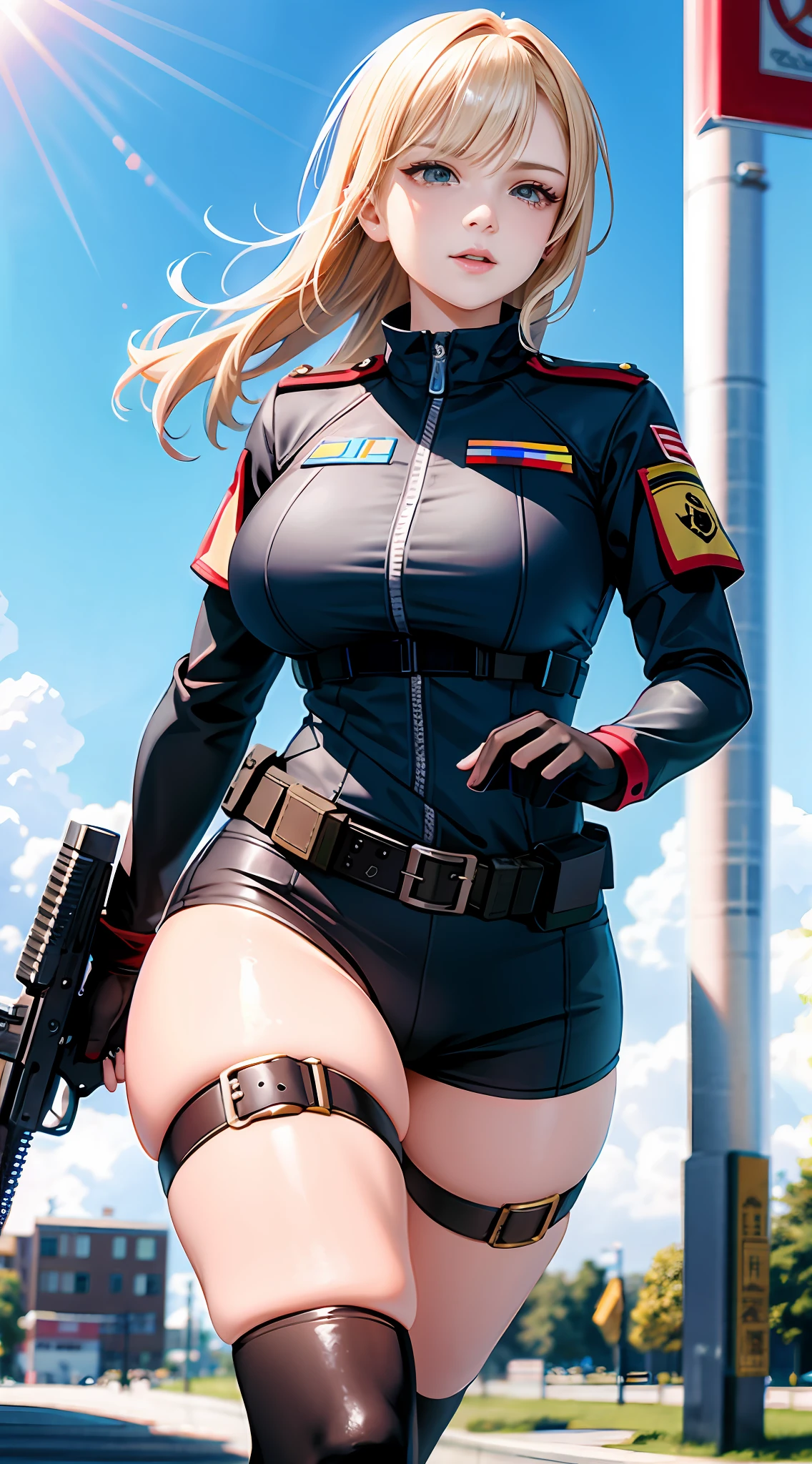 Russian female soldiers,Abnormally large breasts swayed when running,With a submachine gun on the chest,Wear tactical gear,Fat ass,The most beautiful