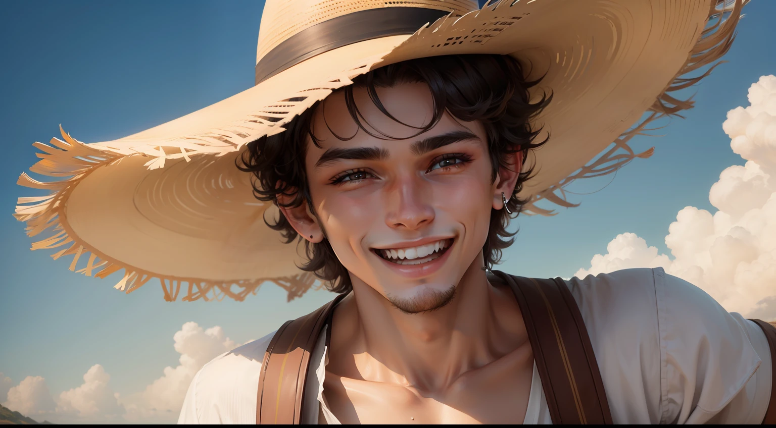 A 19-year-old man with a cheerful long-brimmed hat, sorrindo, realista, detalhado
