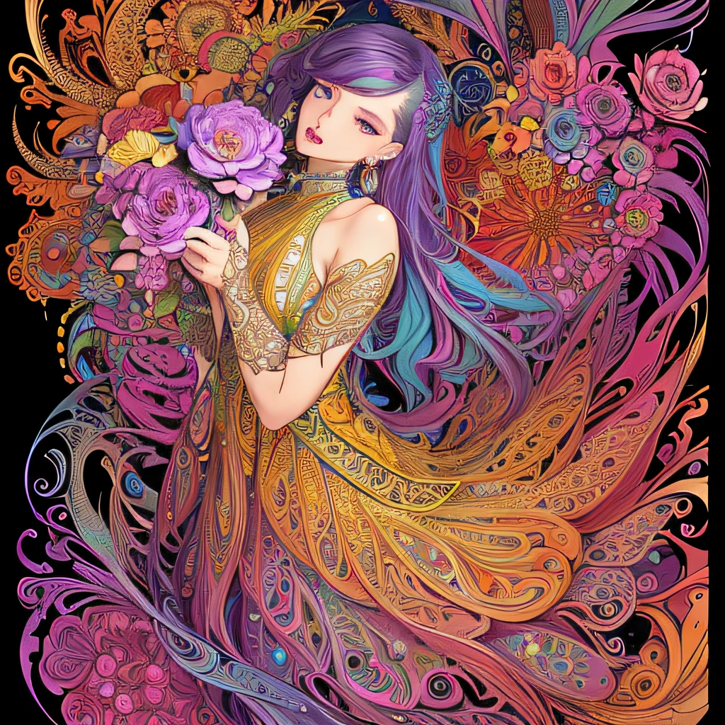 (masterpiece, top quality, best quality, official art, beautiful and aesthetic:1.2), (1girl:1.3), extremely detailed,(fractal art:1.1),(colorful:1.1)(flowers:1.3),highest detailed,(zentangle:1.2), (dynamic pose), (abstract background:1.3),  (shiny skin), (many colors:1.4), ,(earrings:1.4),