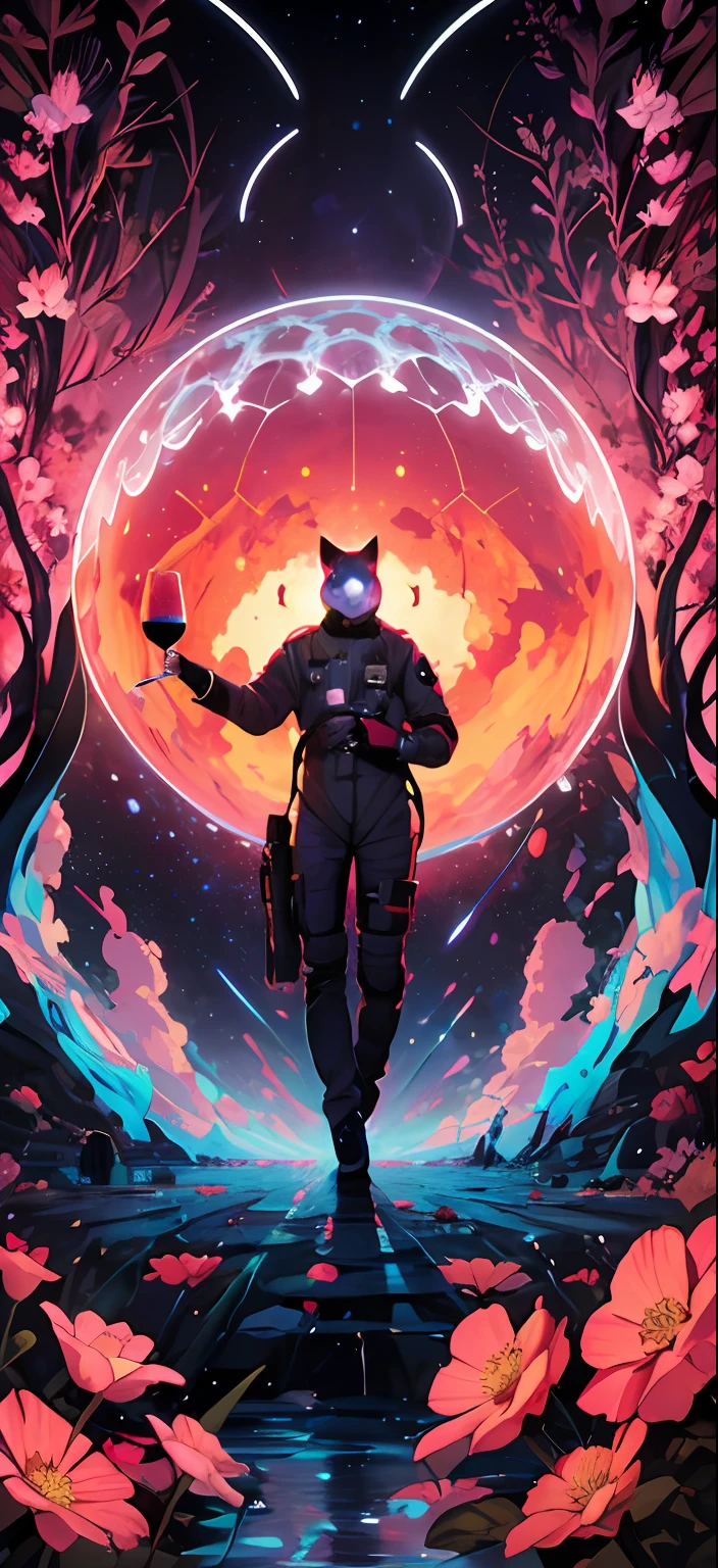 A man in a spacesuit holds a glass of wine, beeple and jeremiah ketner, An elegant hybrid combination of spring, beeple and james jean, Pebble masterpiece, Pebble and Mike Winkelman, The art of whistle, Whistle artwork, beeple!!, In the Pebble style,a close up of a gost cat skull  with flowers on its head, jen bartel, very coherent stylized artwork, beeple and james jean, a beautiful artwork illustration, highly detailed 4 k art, over detailed art, sachin teng, detailed fanart, overdetailed art, great digital art with details, 8k high quality detailed art, detailed digital drawing, by Galen Dara