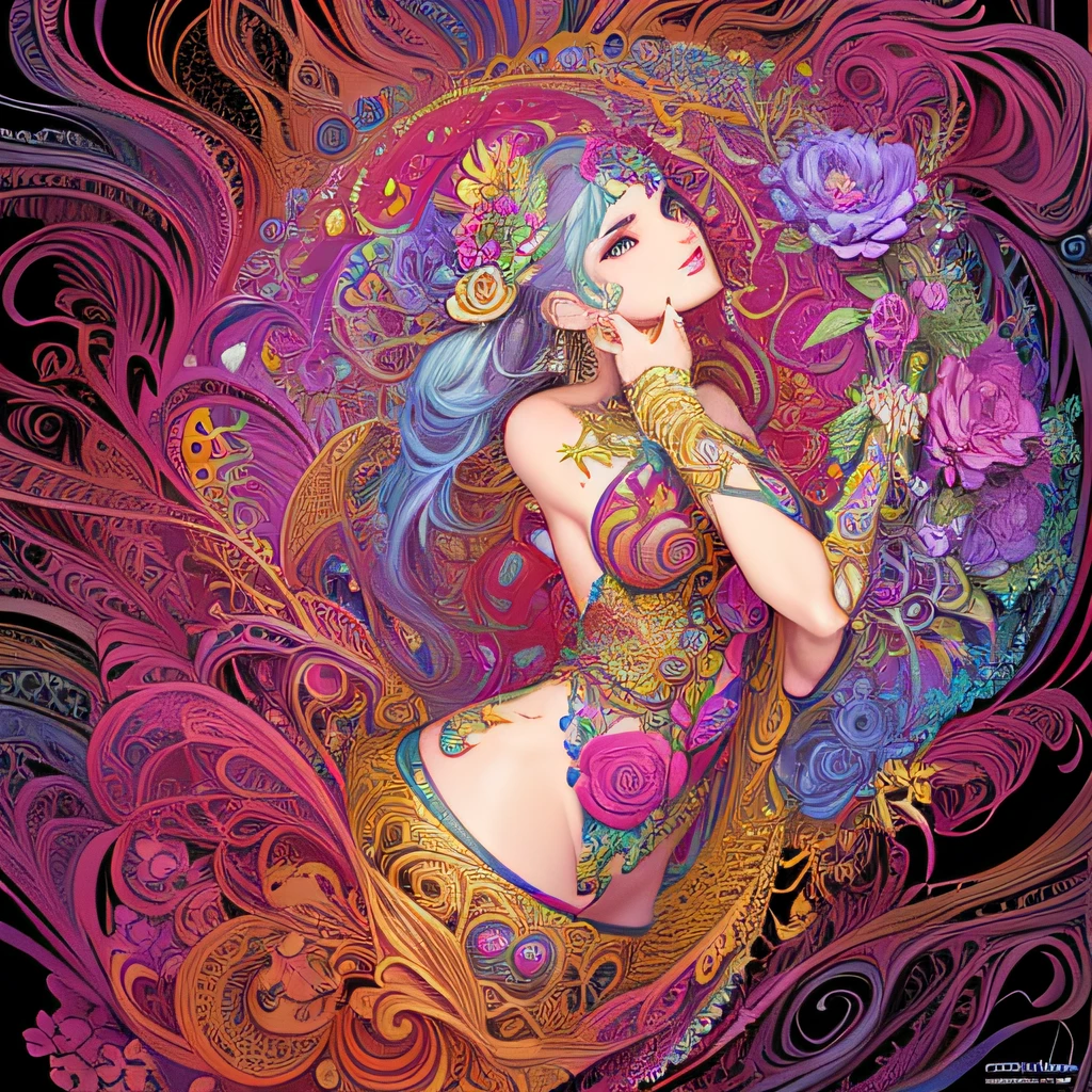 (masterpiece, top quality, best quality, official art, beautiful and aesthetic:1.2), (1girl:1.3), extremely detailed,(fractal art:1.1),(colorful:1.1)(flowers:1.3),highest detailed,(zentangle:1.2), (dynamic pose), (abstract background:1.3), (shiny skin), (many colors:1.4), ,(earrings:1.4),