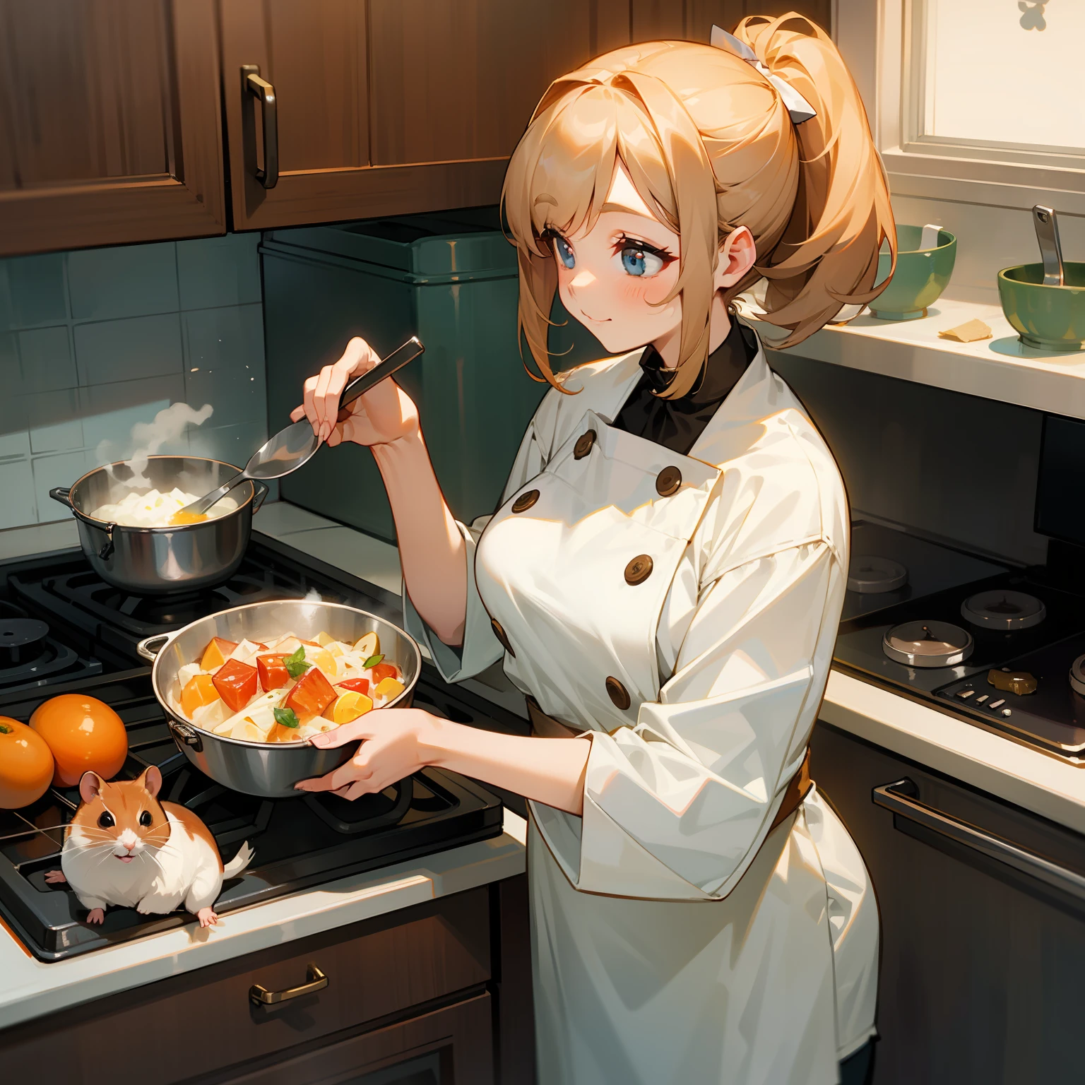 The cute lady hamster cooks a delicious dish in the kitchen