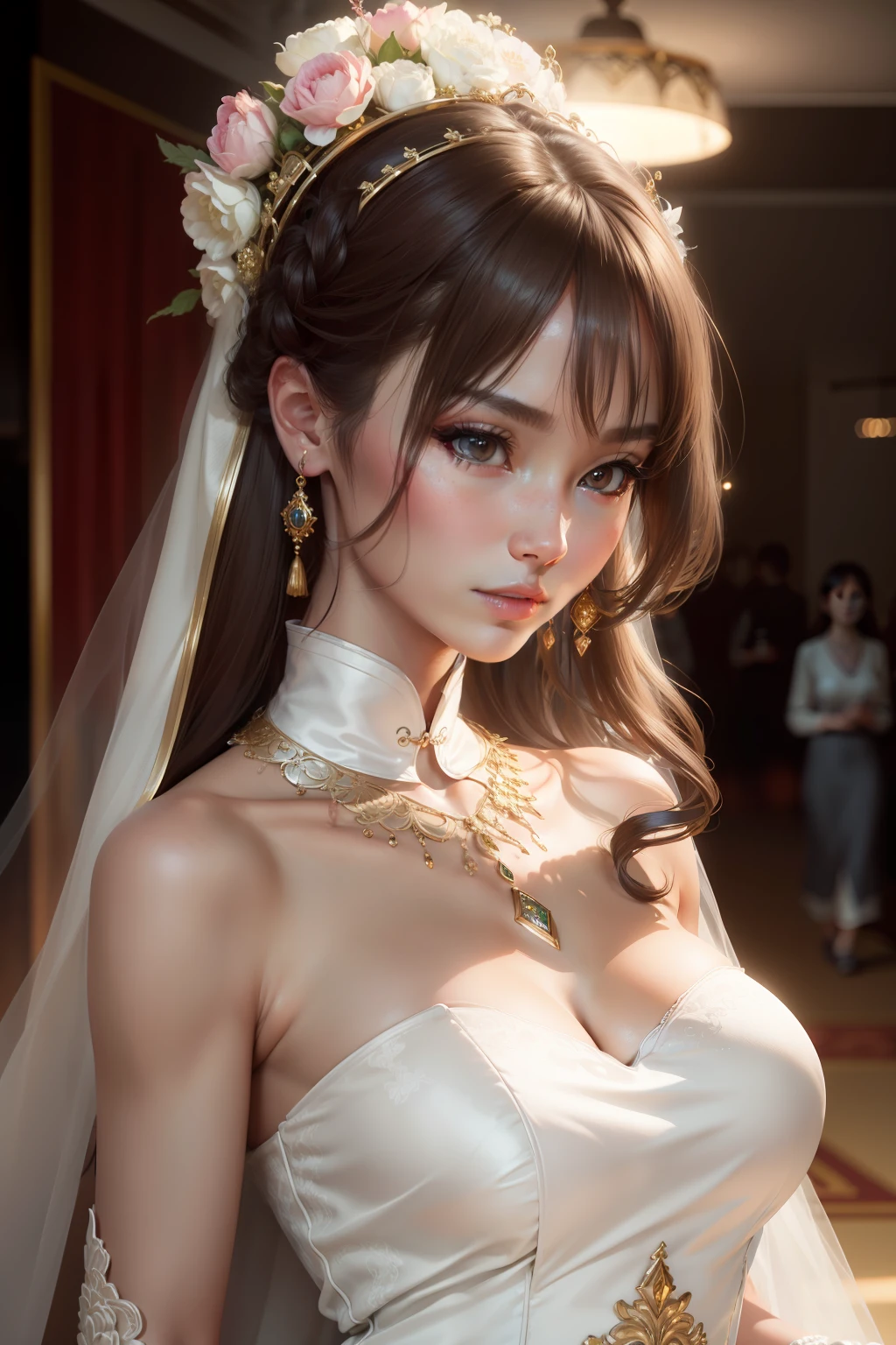 best quality, masterpiece, highres, 1girl,china wedding dress,hair ornament,necklace, jewelry,Beautiful face,upon_body, tyndall effect,photorealistic, dark studio, rim lighting, two tone lighting,(high detailed skin:1.2), 8k uhd, dslr, soft lighting, high quality, volumetric lighting, candid, Photograph, high resolution, 4k, 8k, Bokeh