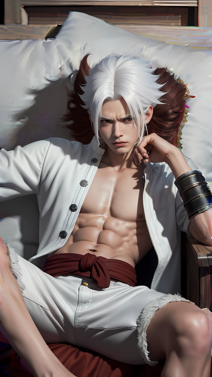 Best quality, ultra high resolution, ultra-detailed,realistic,18 years old,boy,8k,Luffy,one piece,White flame hair,Luffy gear 5,handsome,Naruto hair,white hair,hair up,Naruto.