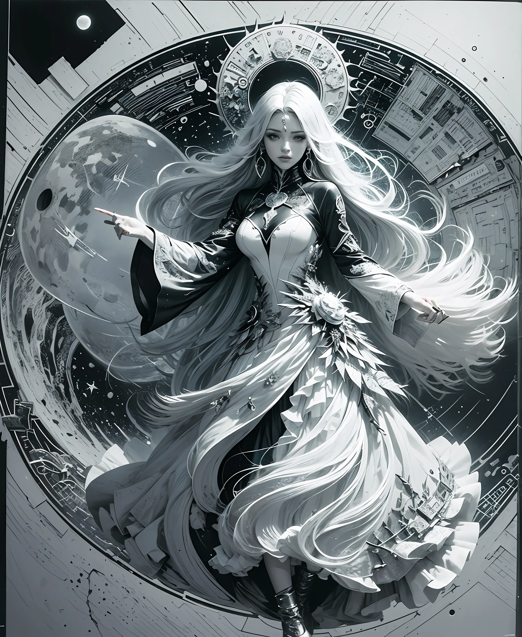 a female character dressed in a gown, near a sun and a moon, hyperrealistic precision, anime-inspired character designs, installation creator, porcelain, highly stylized figures, symmetrical asymmetry ,clean black and white only coloring book page, no color, No dither, no gradient, strong outline --auto --s2