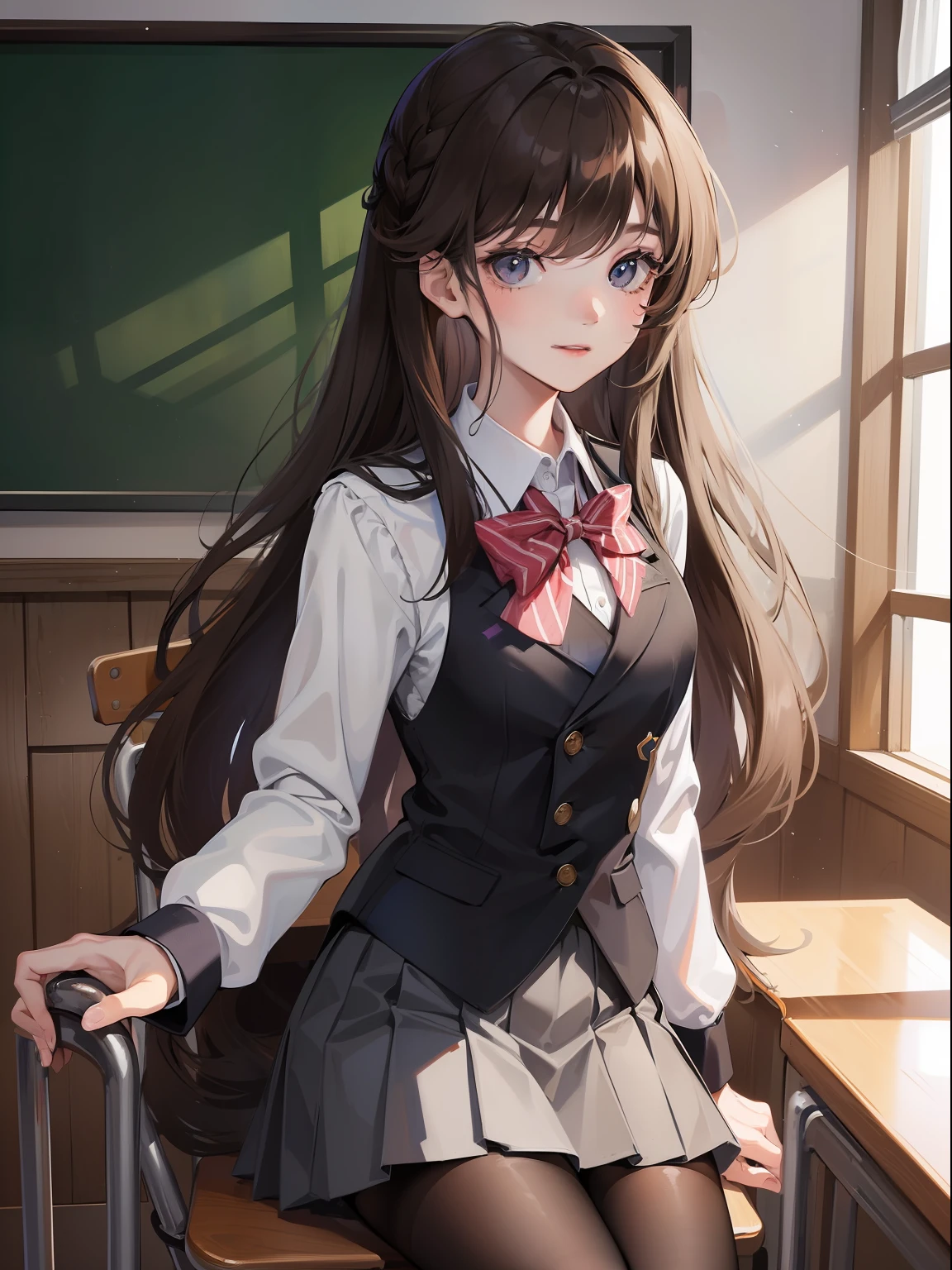 ((top-quality)),(high-level image quality),(hiquality), girl s,a junior highl student,Light grar,Gray uniform,Black tie,a short skirt,tights,Kamimei,sit a chair,school classrooms,chalk board,brown haired,Smile、A detailed face、length hair、Sareme,small tits,12year old、Tied hair hanown on the shoulders、Girl looking young