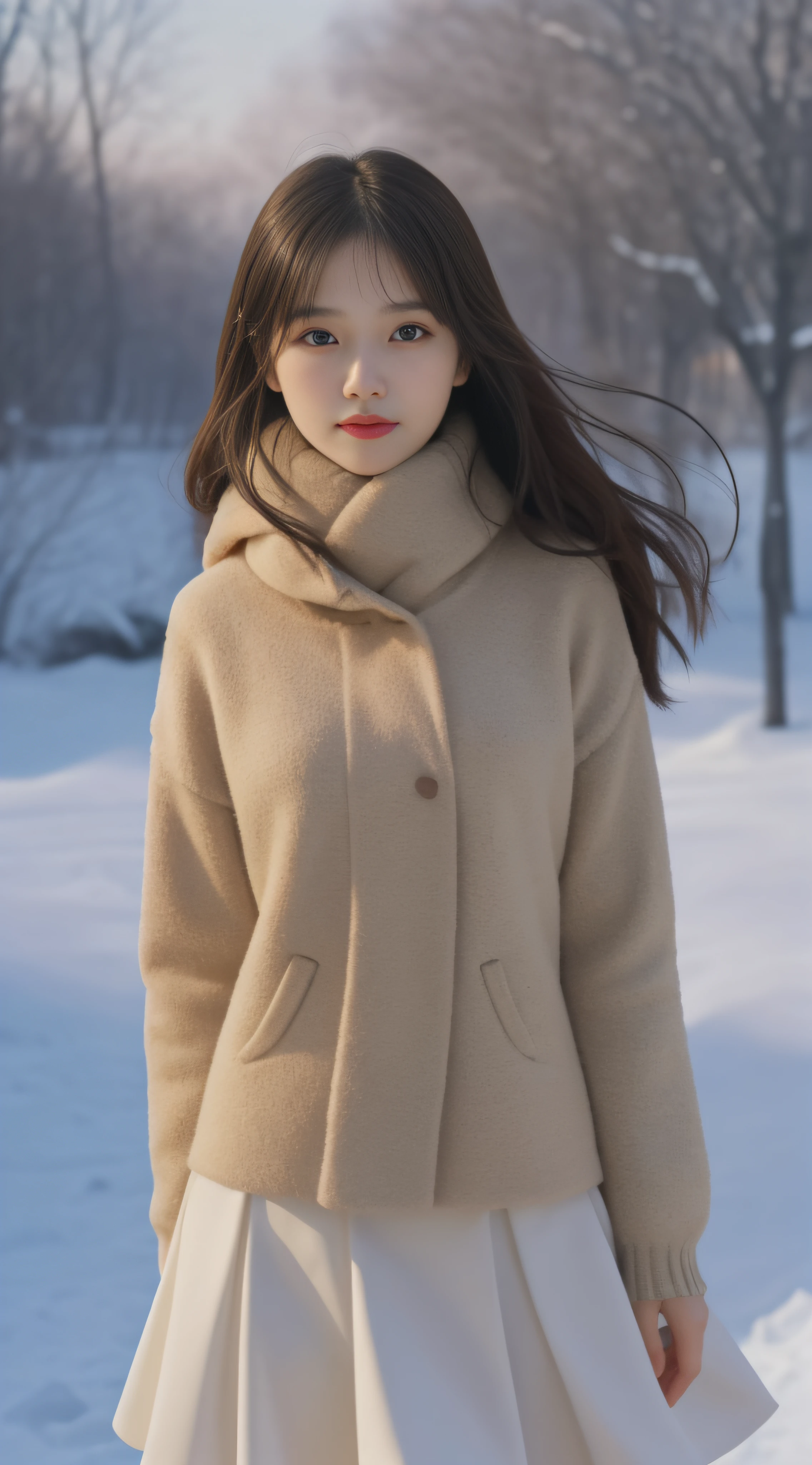 Focus:1.2, perfect figure beautiful woman:1.4,,Best face quality, Ultra-high facial detail,Ultra-high pupil detail,slimfigure,Smaller bust,at winter season,围巾,outside,rays of sunshine,yukito
