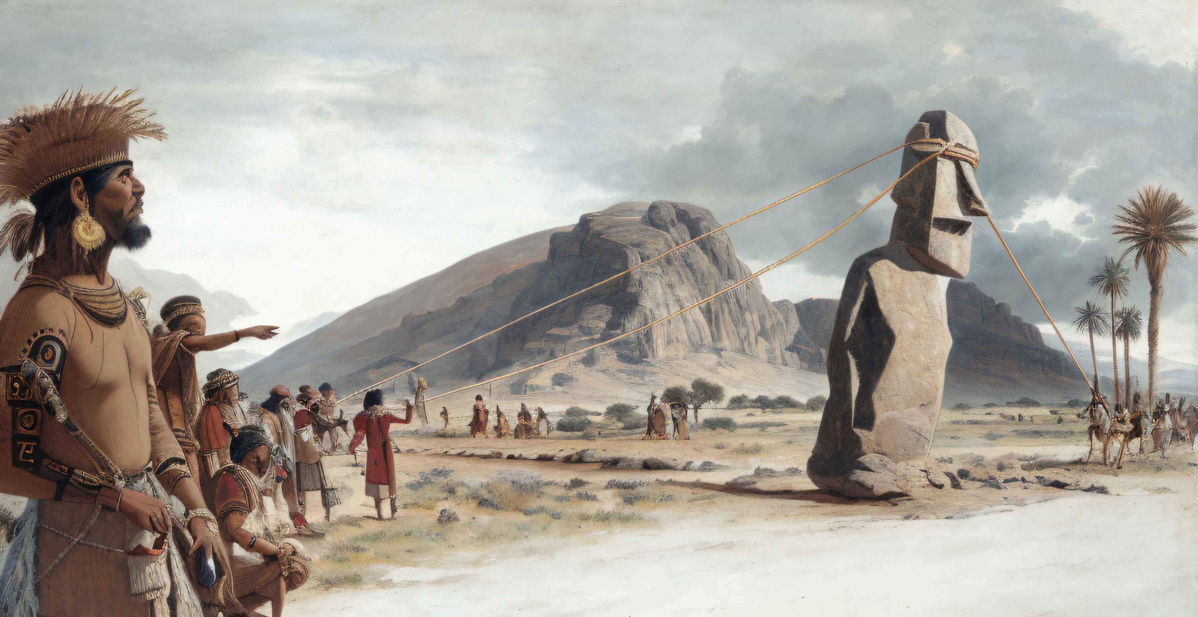 painting of a group of people in native clothing standing in a desert, by John Atherton, by Joseph Henderson, by Friedrich Gauermann, by Thomas Corsan Morton, pre - historic, painting of goliath, by Edward Corbett, by Edward Clark, by Edwin Georgi, by John Eyre, henri moore giant, by George Fiddes Watt, by John Moonan