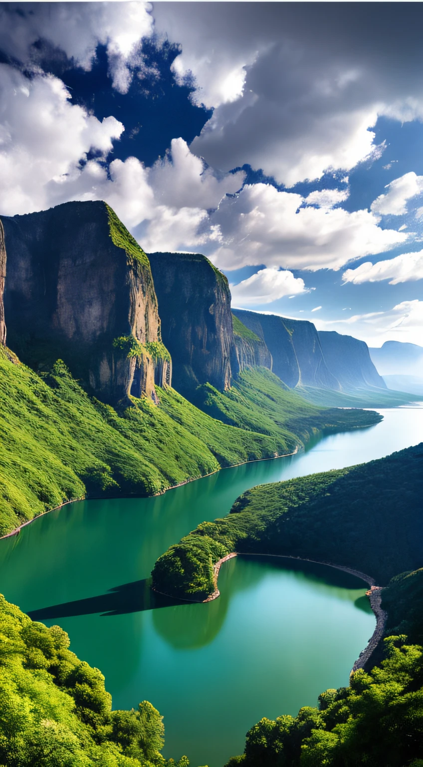 Masterpiece, ultimate quality, Cg unity 8k wallpaper, super delicate, beautiful sky and clouds, rich natural scenery, cliffs, lakes and rivers, waterfalls and flying water, beautiful green mountains, no trace of people, excellent scenery, has already won a photo contest, background Blurring, full depth of field, HDR high dynamics, true restoration, intricate, extreme details, dramatic presentation, perfectly presenting the style of midjourney art.