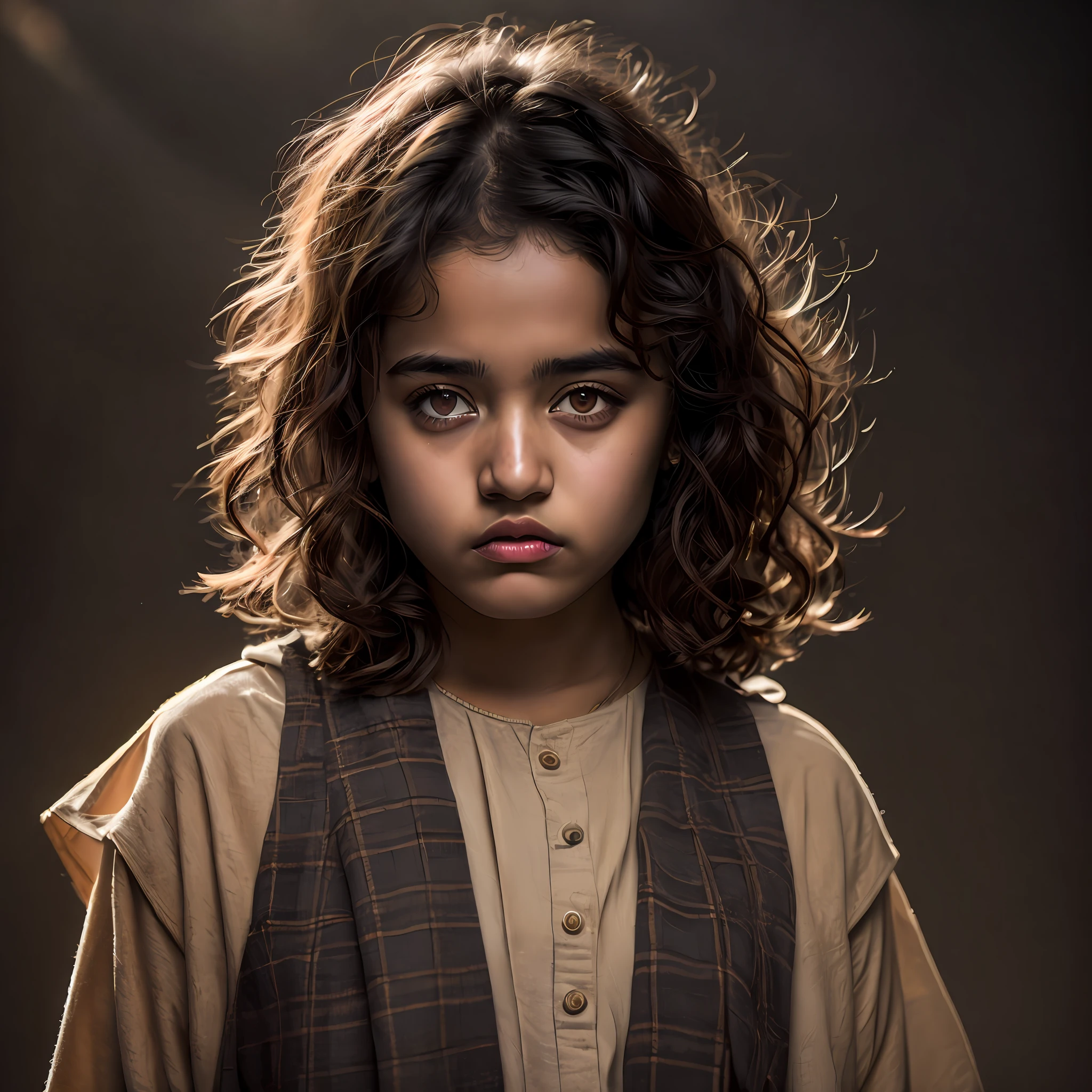 (Modelshoot style), A sad little and homeless desi girl ((dressing an old torn clothes)), (shy), 1girl, solo, brown and curly and messy hair, very detailed face, beautiful eyes, [chubby], adorable, with rosy cheeks and bright, sad eyes, stunningly beautiful, (Rembrandt Lighting), zeiss lens, ultra realistic, (high detailed skin:1.2), 8k uhd, dslr, Dramatic Rim light, high quality, Fujifilm XT3,
