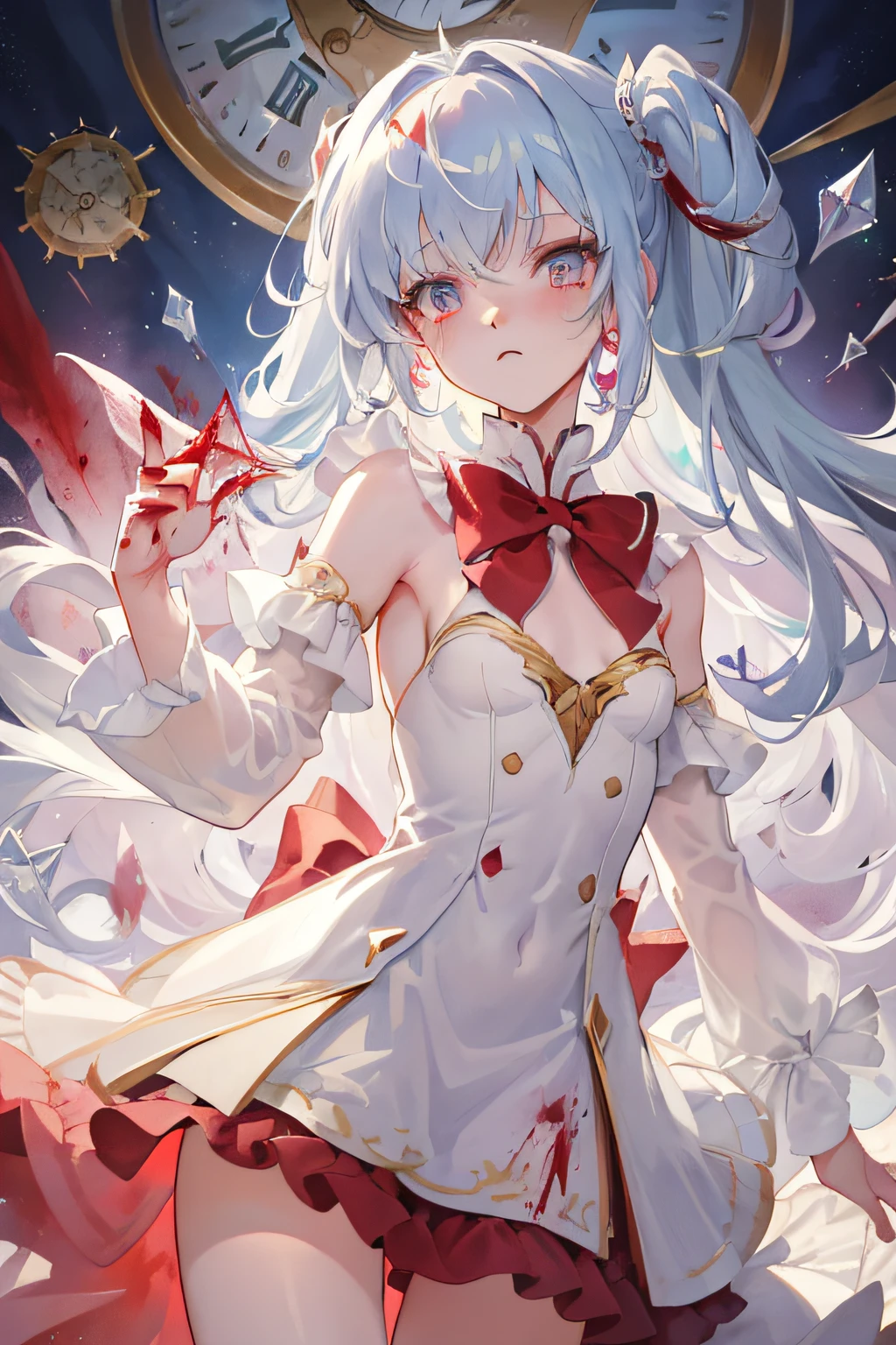 (((crystals texture Hair))),{{{{{extremely detailed CG}}}}},{{8k_wallpaper}},{{{{Crystalline purple gemstone gloves}}}},((beautiful detailed Glass hair)),((Glass shaped texture hand)),((Crystallize texture body)),Gem body,Hands as clear as jewels,Crystallization of clothes,((crystals texture skin)),sparkle, lens flare, light leaks, Broken glass,{{{{Detailed Glass shaped clothes}}}}, ((masterpiece)), (((best quality))), ((ultra-detailed)), ((illustration)), ((disheveled hair)), ((frills)), (1 boy), (solo), dynamic angle, big top sleeves, floating, beautiful detailed gemstone sky, gemstone sea, beautiful detailed eyes, overexposure, side blunt bangs, hairs between eyes, ribbons, bowties, buttons, bare shoulders, (((small breast))), pleated skirt, crystals texture flowers, ((Detailed crystallized clothing)),(gemstone of body),solo focus,{{{{{{{{Iridescence and rainbow hair:2.5}}}}}}},{{{{{{detailed cute anime face}}}}}},{{}},{{{{{watercolor_(medium)}}}},(((masterpiece))),(((clock))),(((red))),(((blood))),finely detail,Depth of field,Blood drop,Blood fog