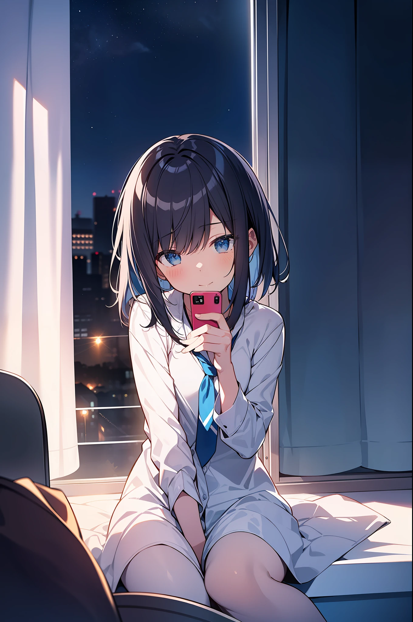 /imagine prompt: Illustration of male high school student ,Night::2, The male high school student sits on the single bed in her room::1, Hold your phone in both hands::2, The phone is shiny white::2, Male high school student next to the window of the room::1, The curtains swayed with the wind outside the window::1, The night view outside the window is a city::1, Diagonal composition, Profleur, corona rendered, Cinematic light, Romantic, Picture-perfect, Bedroom, Makoto Shinkai 0 --q 2 --s 2