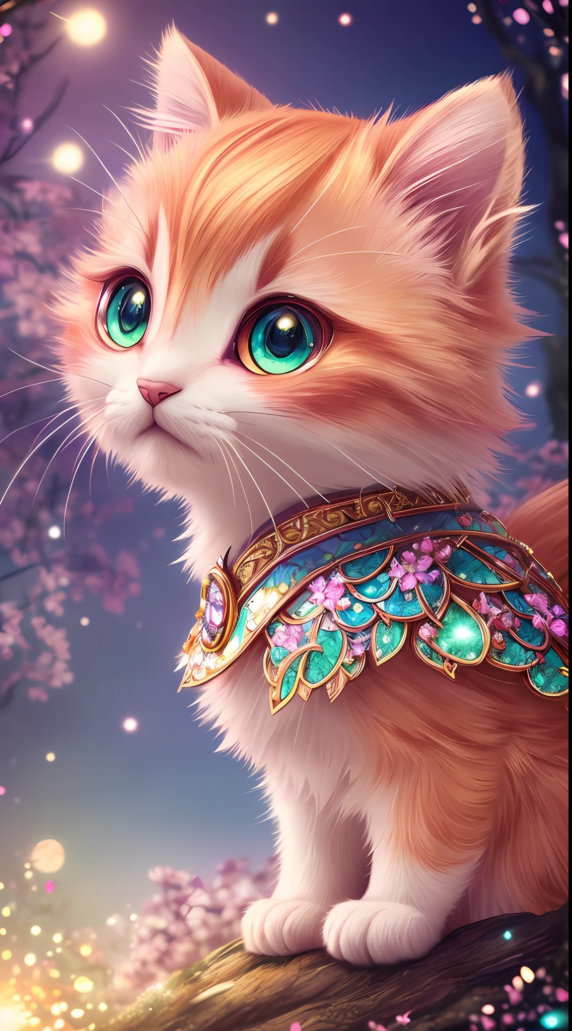 side view, oversaturate, colorfully, Fairytale, dreamlike, Cinematic character render, oil painting, 3D, 8k resolution, sequins, glitter, sakura forest, moonlight, Close up Portrait adorable chibi kawaii anthropomorphic kitten king, Detailed eyes, large round reflective eyes,