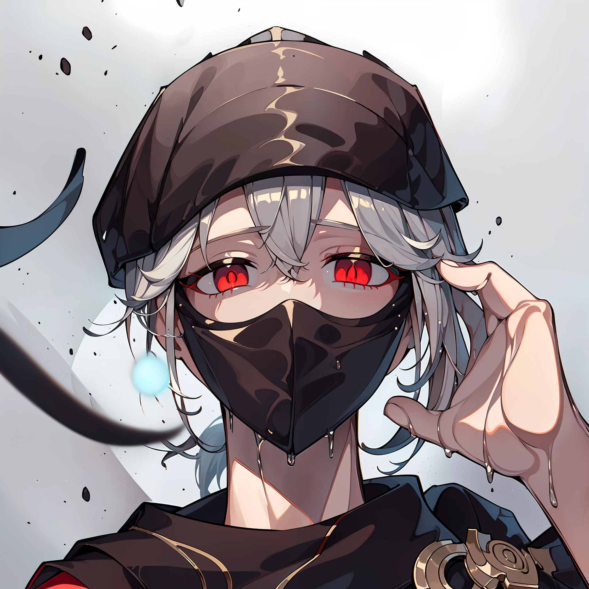 white backgrounid，(Masterpiece, Best quality: 1.2), Solo, Red eyes，Male focus, Essence strong, 1boy, Smile, looking at viewert, Black T-shirt，{An extremely handsome boy}, 8K wallpaper, {{{Masterpiece}}}，Exquisite facial features，(((best qualityer))), ((Ultra-detailed)), ((illustration))，Male focus, ，，Looking up,No Pupil,((Empty eyes)),Drooling,with her mouth open,Glowing eyes,(Expressionless),with her mouth open,, ((Heroes)), ((Masks)), clenched_teeth,，((),((Wet)), ()，licking foot， Skinny, full body shot shot，malefocus，(((short detailed hair:1.4))),((solo person)),((Male))，((Mind controlled)), Skinny，(((Mind_control:1.3))),the original god，short detailed hair，((Ultra-low ponytail))，White color hair，((wear cap))，Cute hats，White color hair，Reduce hair on both sides,A black and white scarf floated up，Diagonal to，（Hats with brims）