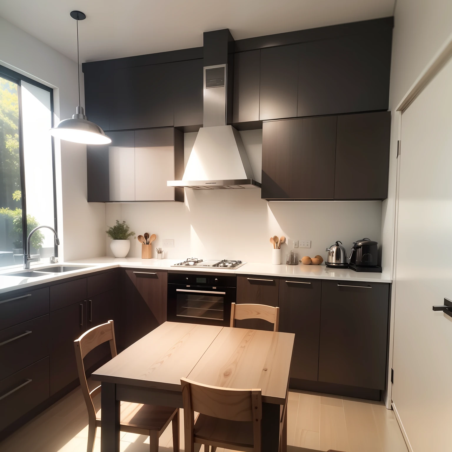 Obra-prima, alta qualidade, melhor qualidade, 8k,Genuine, super detalhe, minimalismo, interior,cozinha, cozinha de luxo, com janela grande, cupboard, bancada, American kitchen with luxury lamp, em MDF Carvalho Berlin Design /(moderno/)