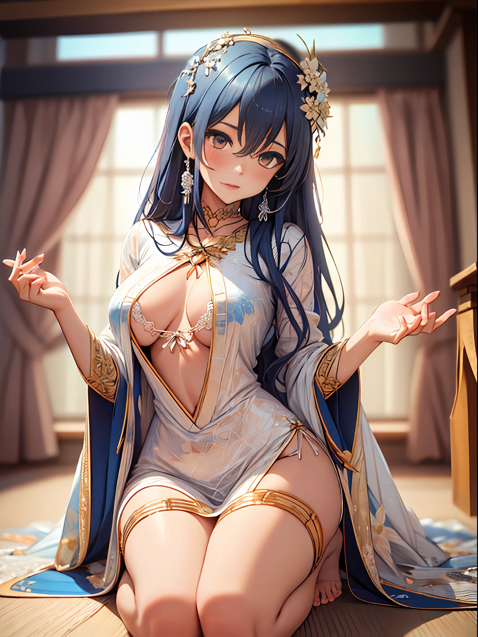 （Enrich the picture，Masterpiece level quality）Beautiful 8K CG artwork，Goddess-like posture，Kneeling exercise，Slim and soft，Translucent skin，Blue hair、The beauty of extra-long hair, Super Long Straight Hair，The skin is fair and juicy，Big JK Uniform，Perspective Part 1.2x enhanced silhouette effect，Exquisite transparent blues pattern in pajamas，The details are intricate and exquisite，The background is slightly blurred，Charming and lustful leg seduction，Drool，Extra-large big breasts，Blush，Japan goddess，