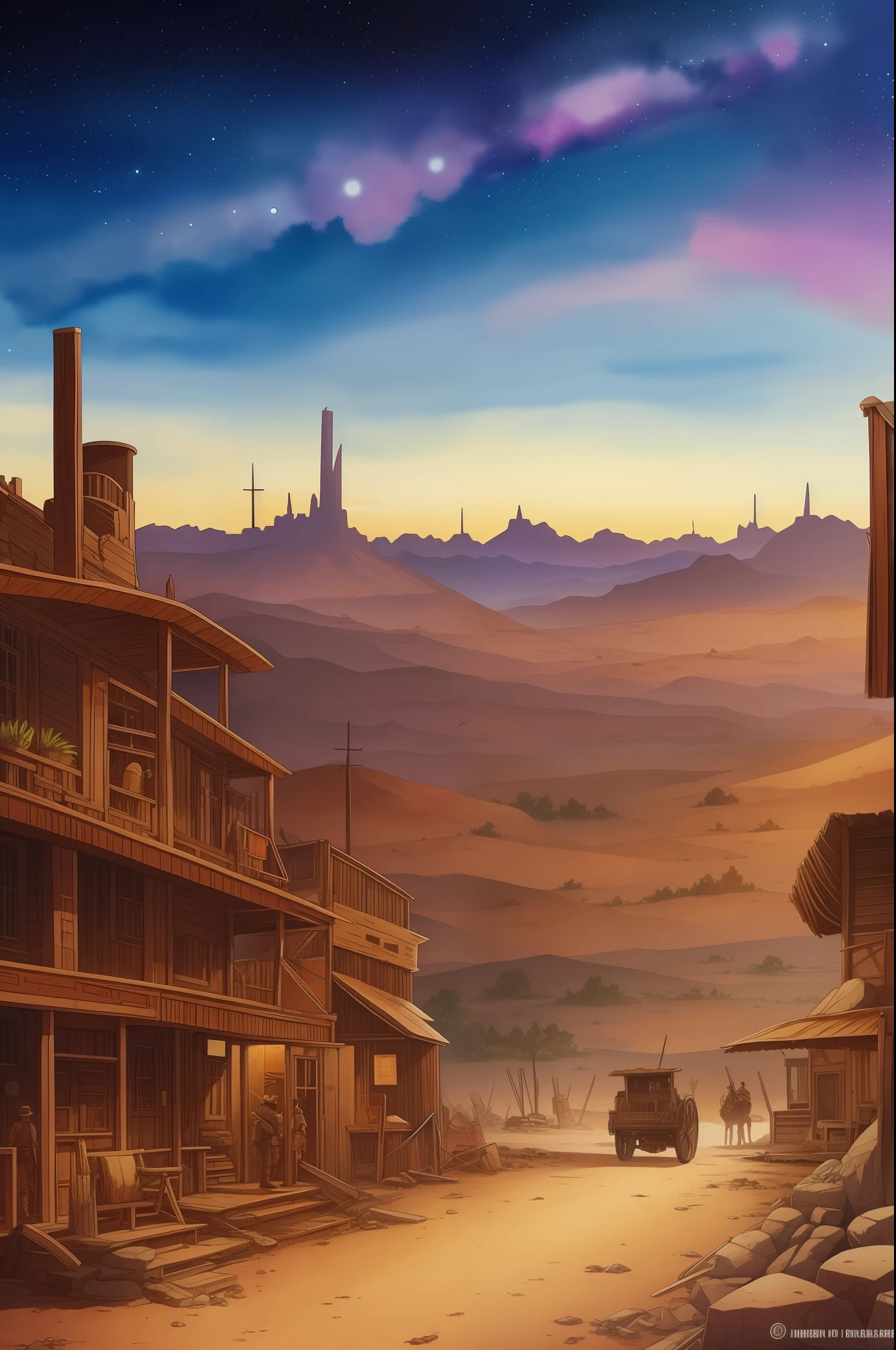 A watercolor painting of a post-apocalyptic setting of the Old West, com detalhes sombrios e desolados, e arte no estilo de Moebius e Gir, com um toque de HQ, and a starry sky.