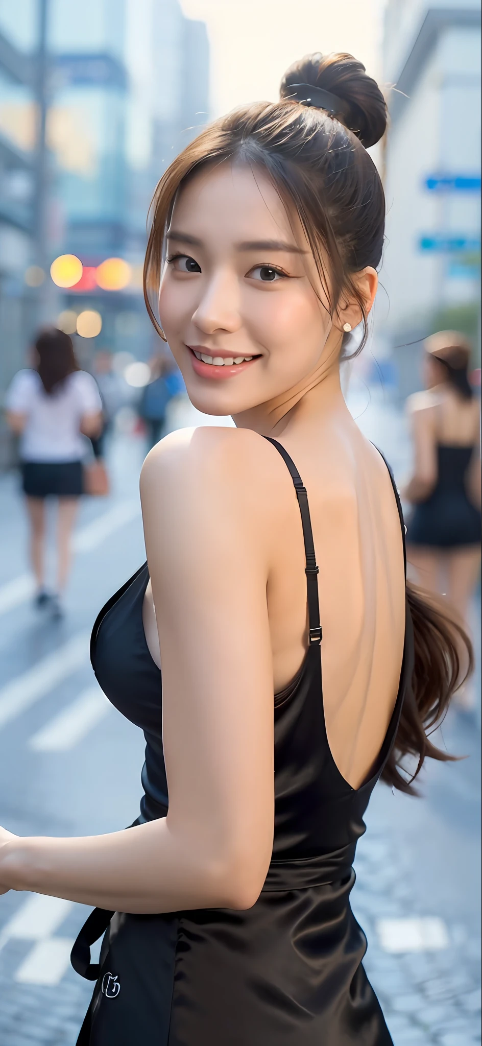 ((Best Quality, 8k, Masterpiece:1.3)), Focus: 1.2, Perfect Body Beauty: 1.4, Buttocks: 1.2, ((High Ponytail, Collarbone: 1.2)), (Short Skirt: 1.1) , (Rain, Street:1.3), Highly detailed face and skin texture, Fine eyes, Double eyelids, Whitened skin, Long hair, (Shut up: 1.3), Smile, Long legs, Full body, Best proportions of four fingers and one thumb, Smiley face, Face texture: 1.3, Sunshine, Summer, collarbone, beautiful eyes, real face, real skin, realistic face, realistic skin, detailed eyes, detailed facial features, detailed clothing features, detailed face, chest contour, tight fit, POS random, upper body silk wrap: 1.4
