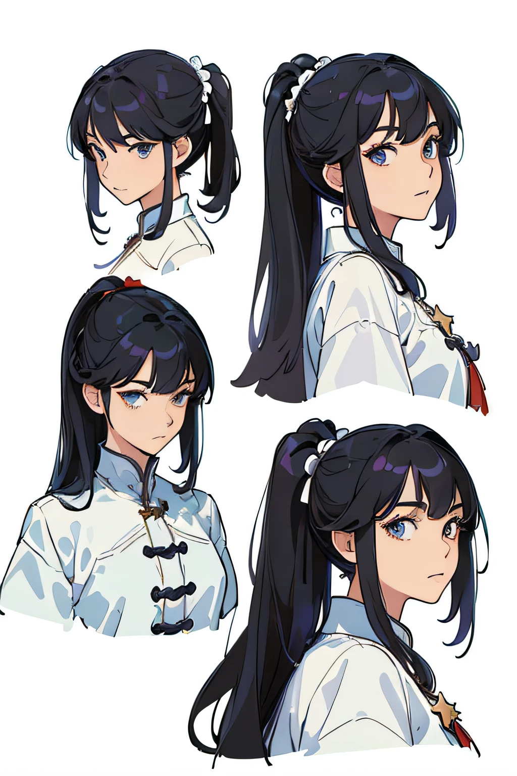 ((masterpiece)),(((best quality))),(character design sheet, same character, front, side, back), illustration, 1 girl, hair color, bangs, hairstyle fax, eyes, environment change scene, Hairstyle Fax, Pose Zitai, Female, Shirt Shangyi, Star, Charturnbetalora, (simple background, white background: 1.3), --6