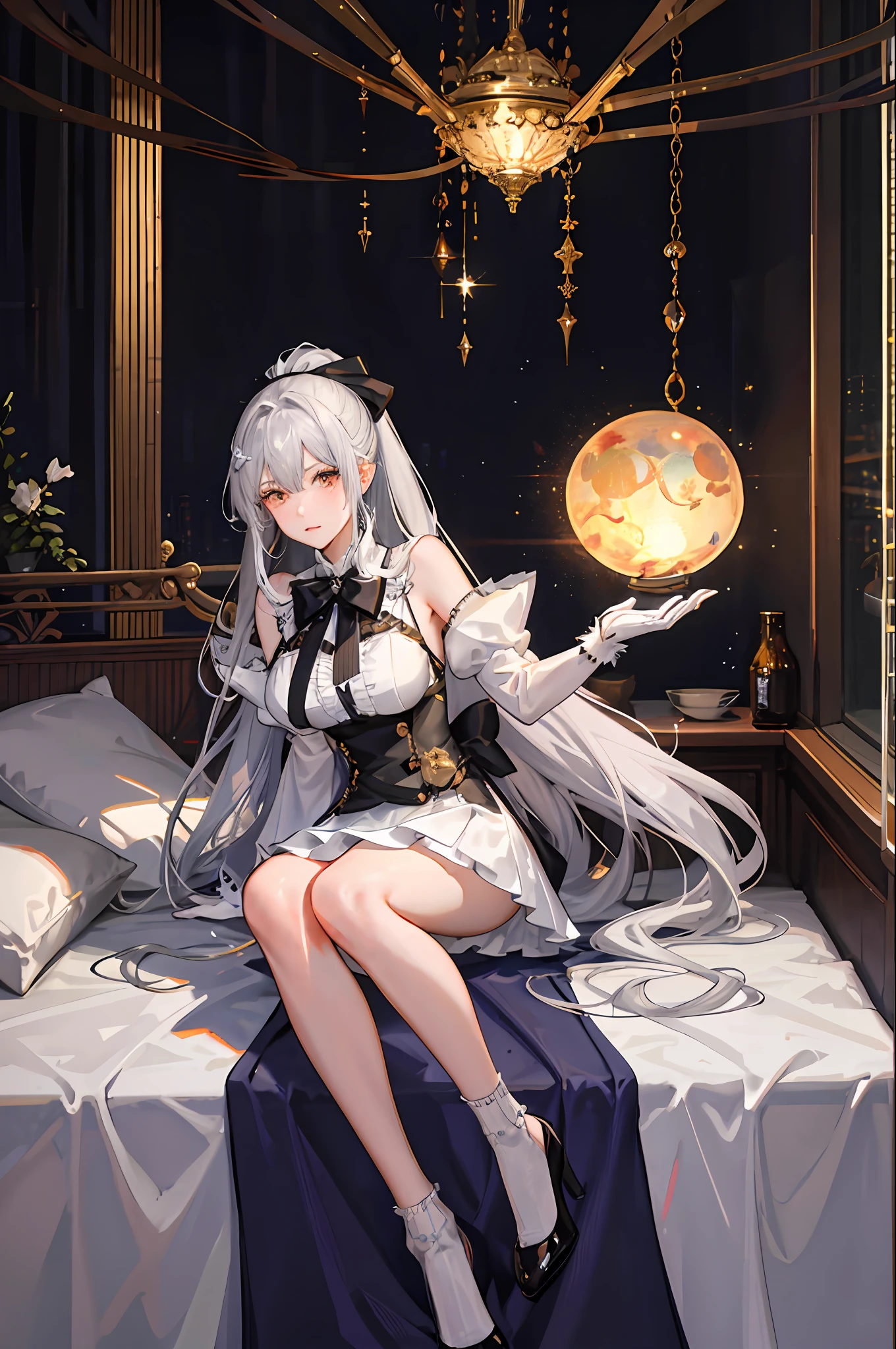 （（（1个Giant Breast Girl）），Ray traching，（dim murky lights），[detailedbackground（Bedrooms）），（（Silvery hair）），（（Silvery hair）），（（（（（Fluffy silver hair，plump and slender girl））Wears a high ponytail）））Avoid golden eyes in the ominous bedroom（（（（The girl wears a short white skirt and light-colored stockings）There are also white ruffled bow gloves），It shows a delicate and slender figure and beautiful curves，Correct limbs，Lie down in bed